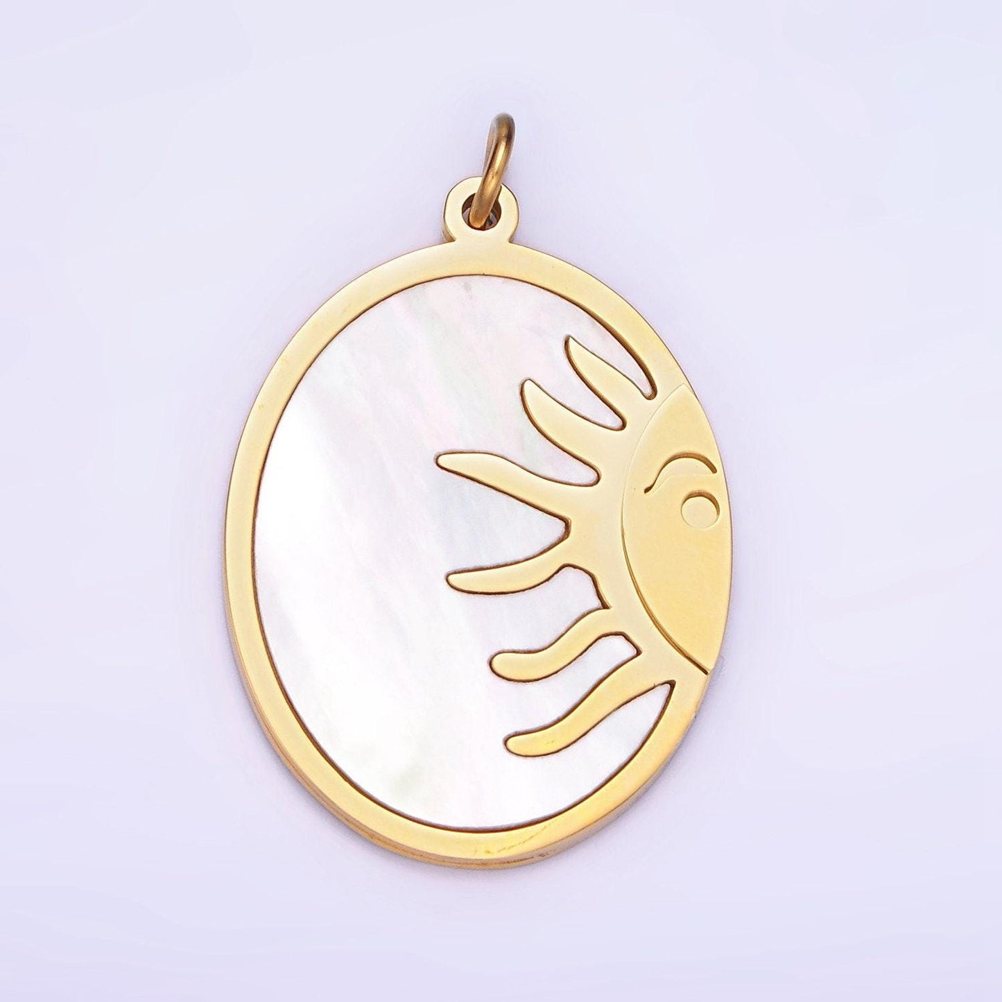 Dainty gold stainless steel oval pearl sun charm double sided pendant| p-1399