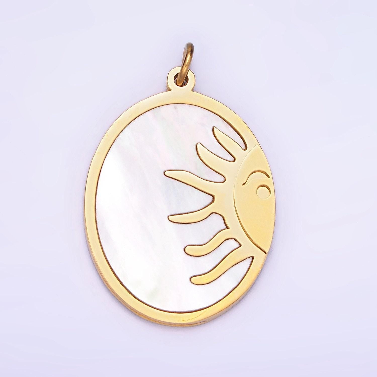 Dainty gold stainless steel oval pearl sun charm double sided pendant| p-1399