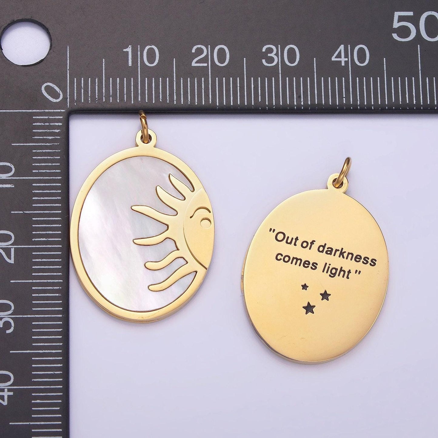 Dainty gold stainless steel oval pearl sun charm double sided pendant| p-1399