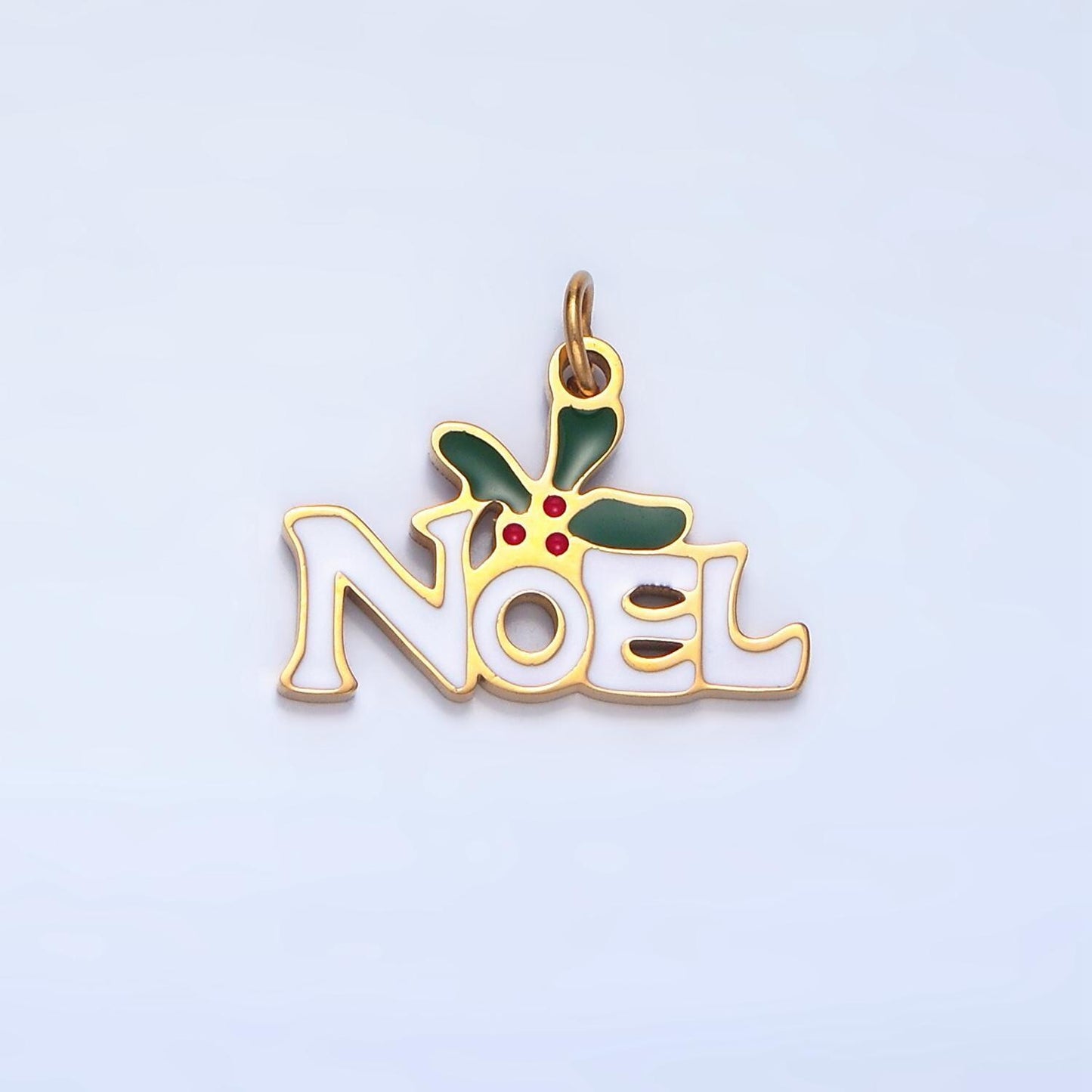 Enamel "noel" mistletoe christmas holiday stainless steel charm | p-1345