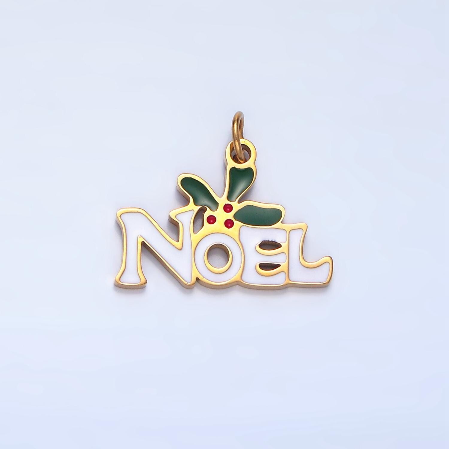 Enamel "noel" mistletoe christmas holiday stainless steel charm | p-1345