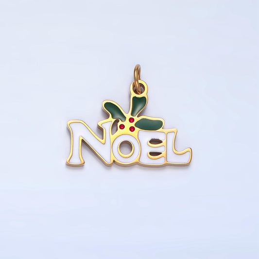 Enamel "noel" mistletoe christmas holiday stainless steel charm | p-1345