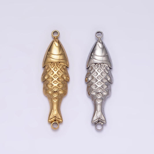 Stainless steel 7mm fish scale-textured minimalist connector in gold & silver sardine fish jewelry | p1344
