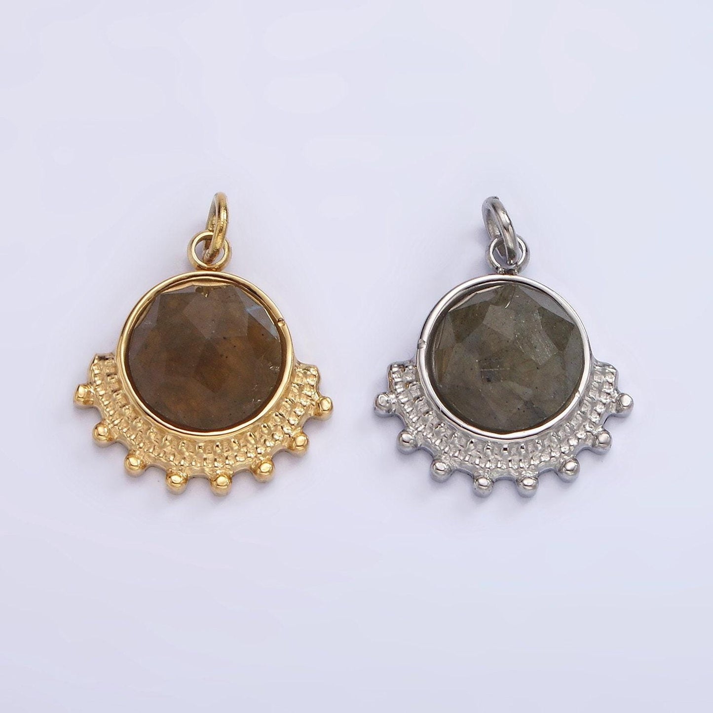 Stainless steel brown labradorite round dotted outline artisan charm in gold & silver | p1306
