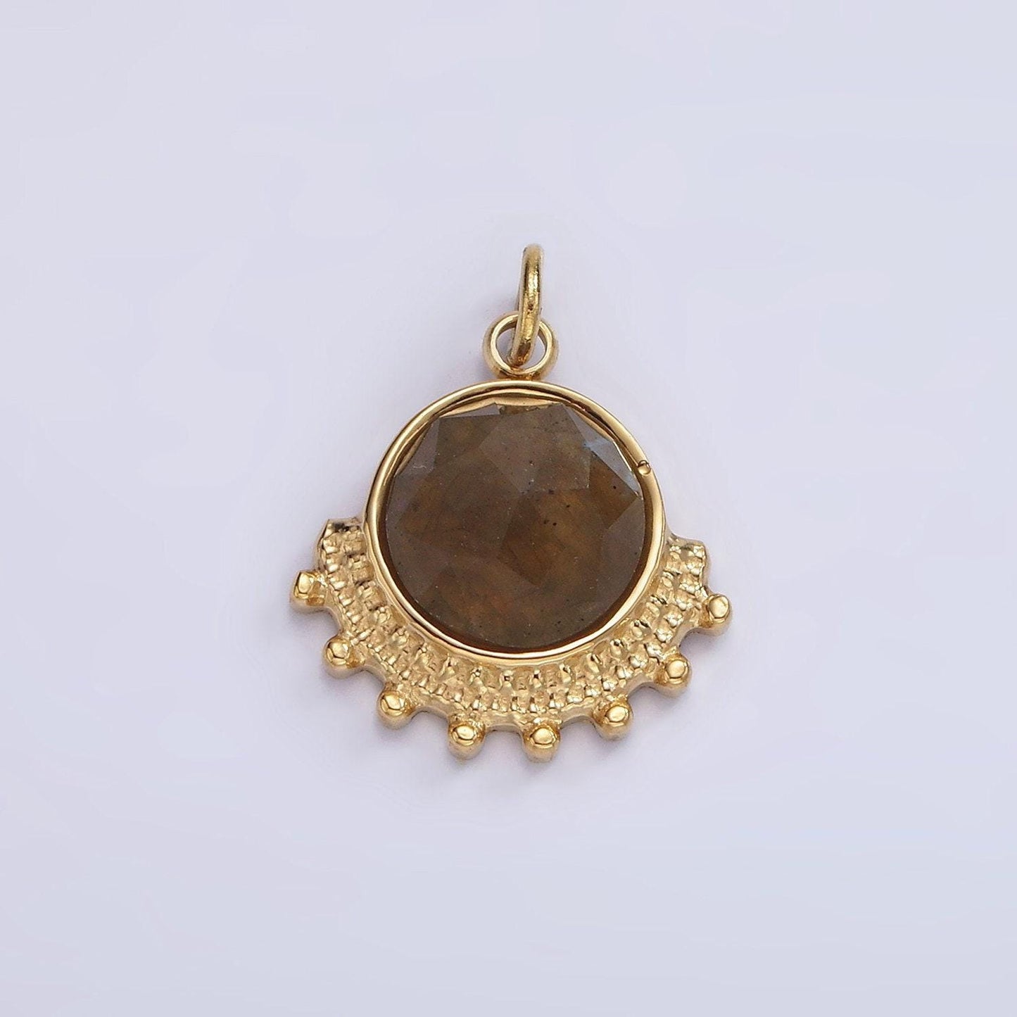Stainless steel brown labradorite round dotted outline artisan charm in gold & silver | p1306