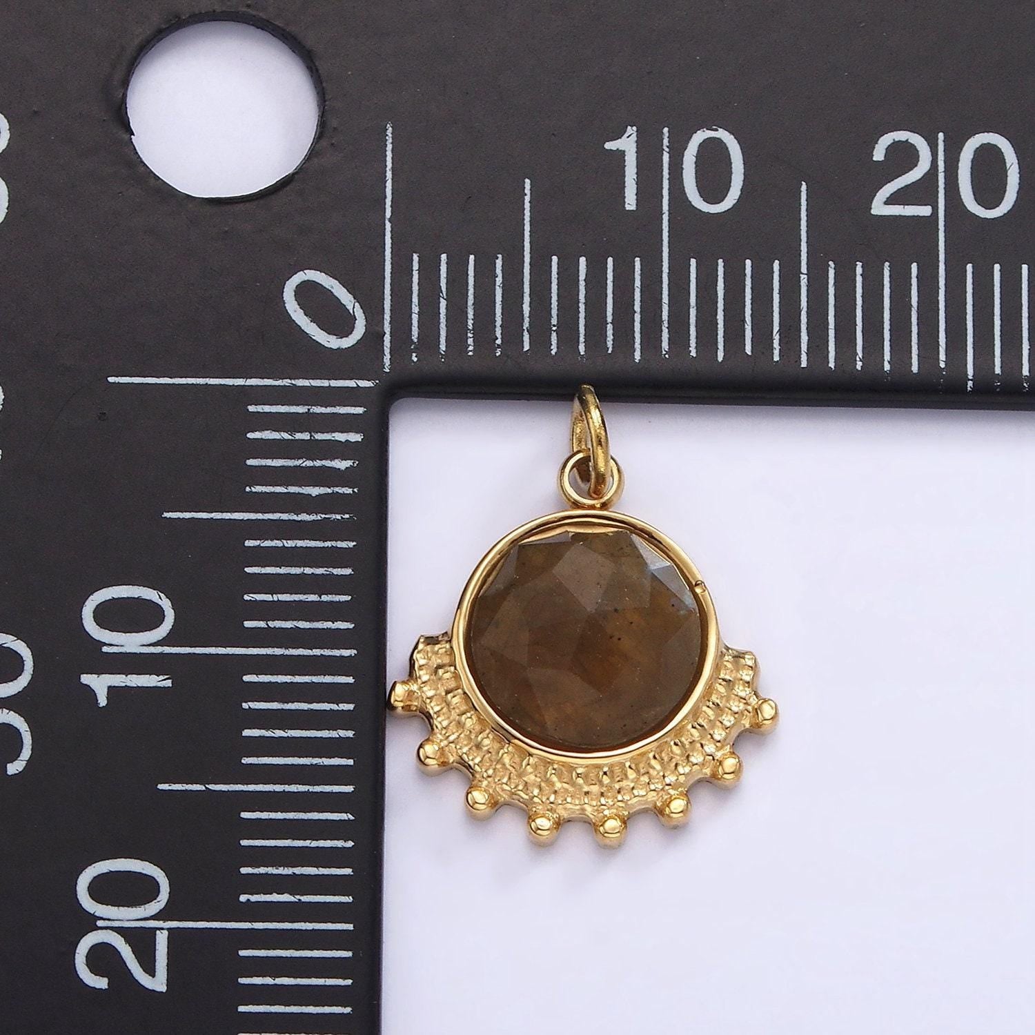 Stainless steel brown labradorite round dotted outline artisan charm in gold & silver | p1306
