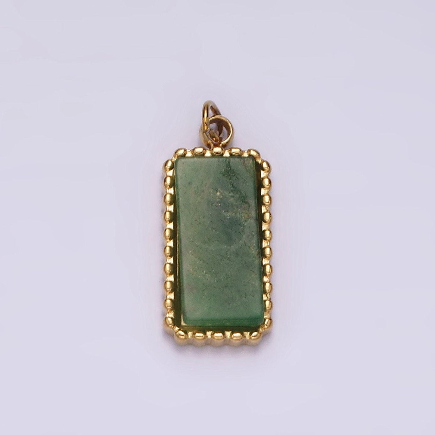 Stainless steel green aventurine dotted bezel rectangular tag charm in gold & silver | p1299