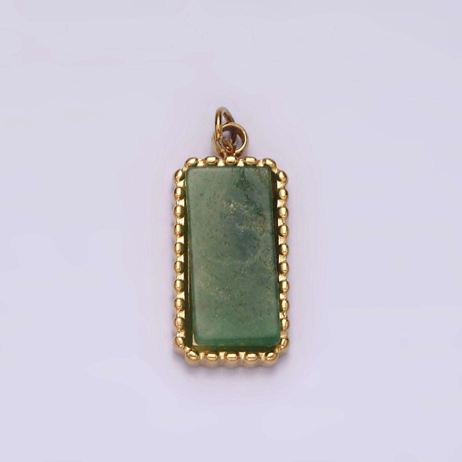 Stainless steel green aventurine dotted bezel rectangular tag charm in gold & silver | p1299