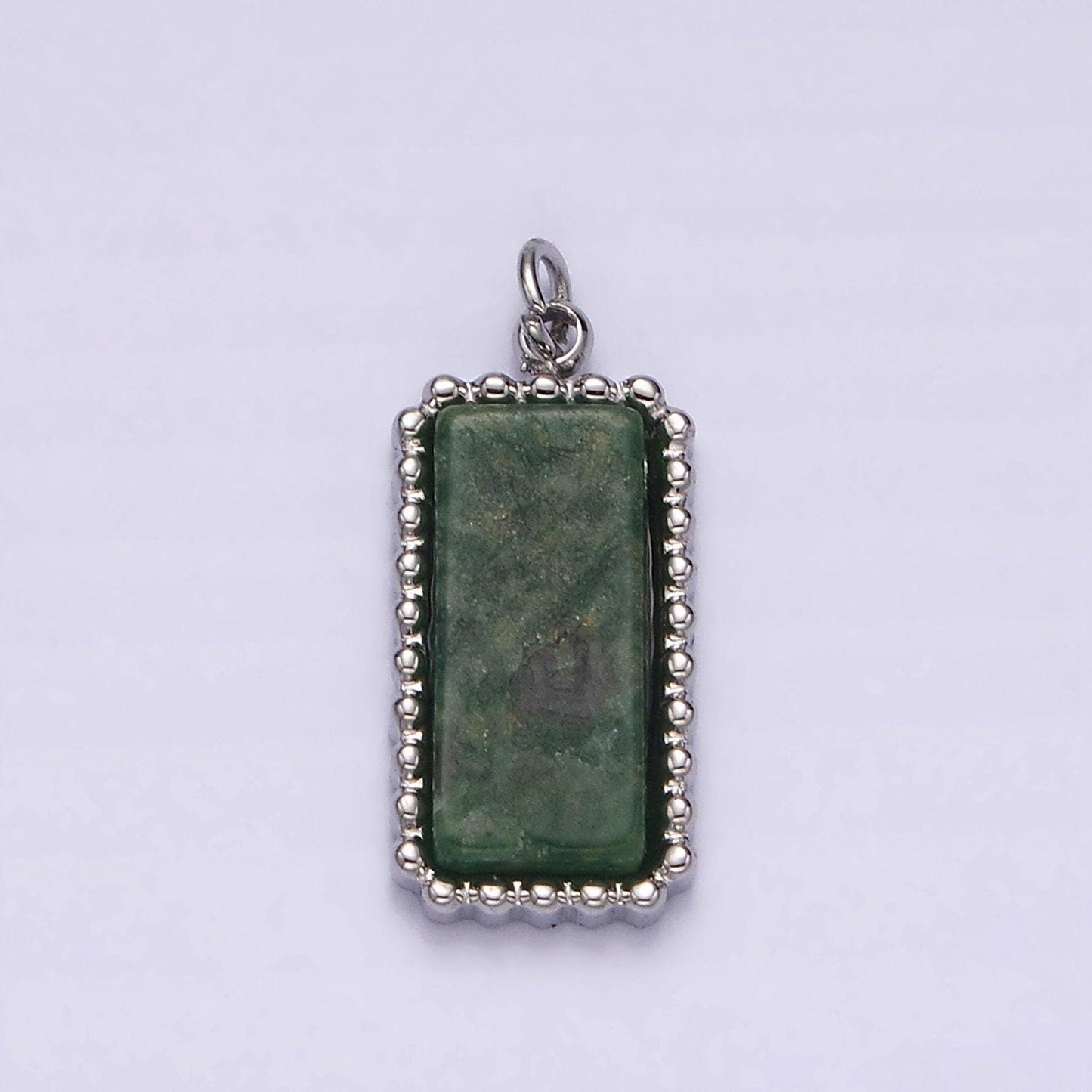 Stainless steel green aventurine dotted bezel rectangular tag charm in gold & silver | p1299