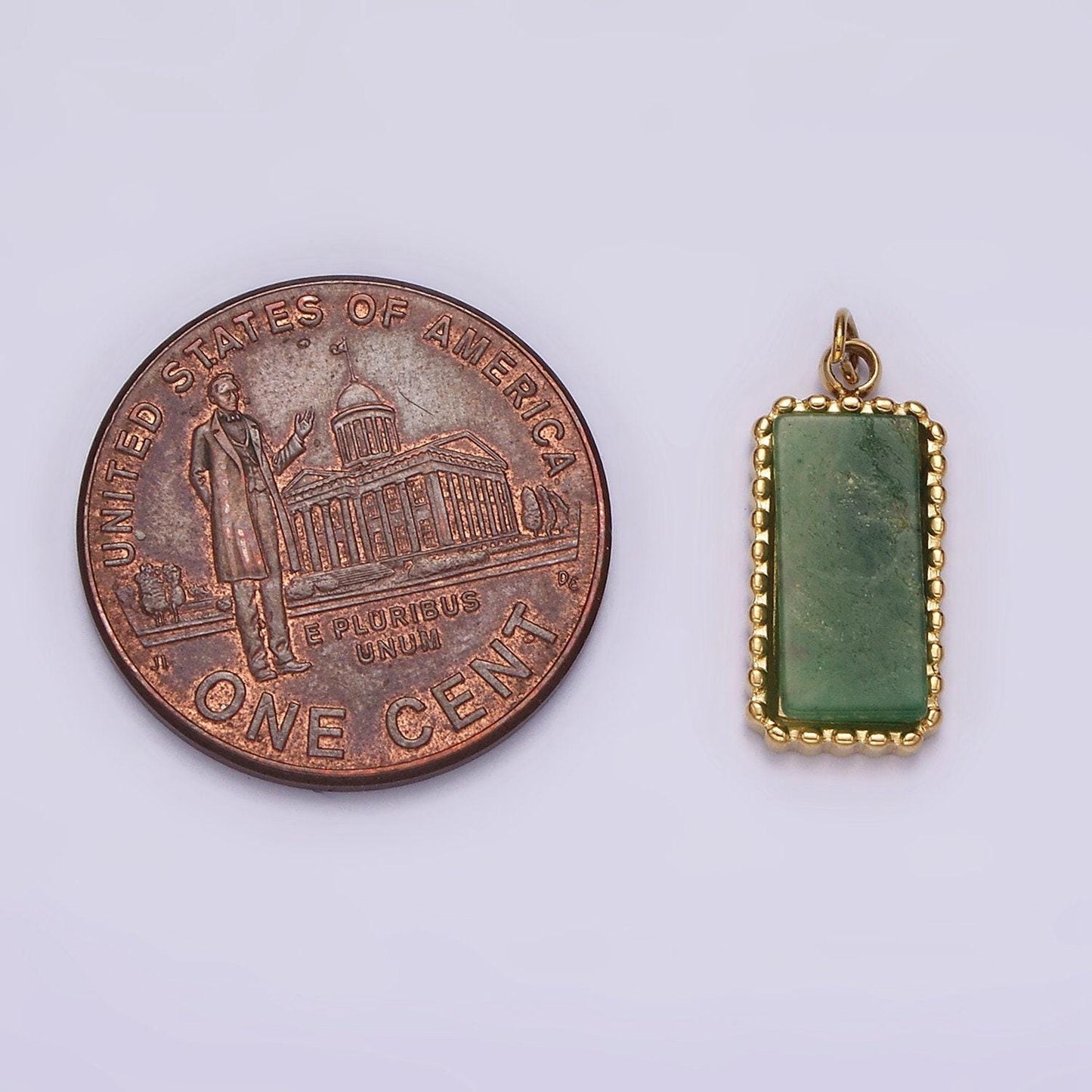 Stainless steel green aventurine dotted bezel rectangular tag charm in gold & silver | p1299