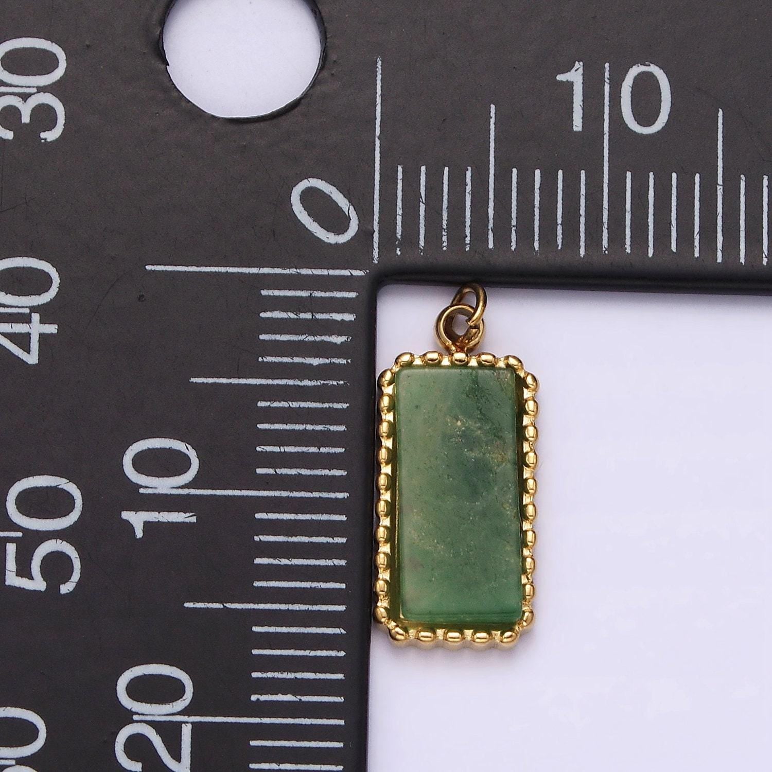Stainless steel green aventurine dotted bezel rectangular tag charm in gold & silver | p1299