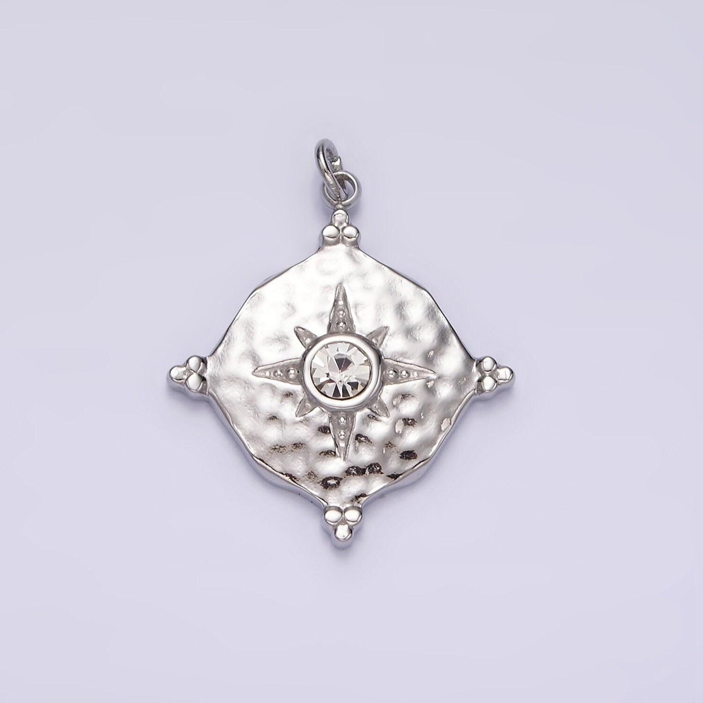 Stainless steel clear cz celestial north star hammered round point charm in gold & silver | p1295