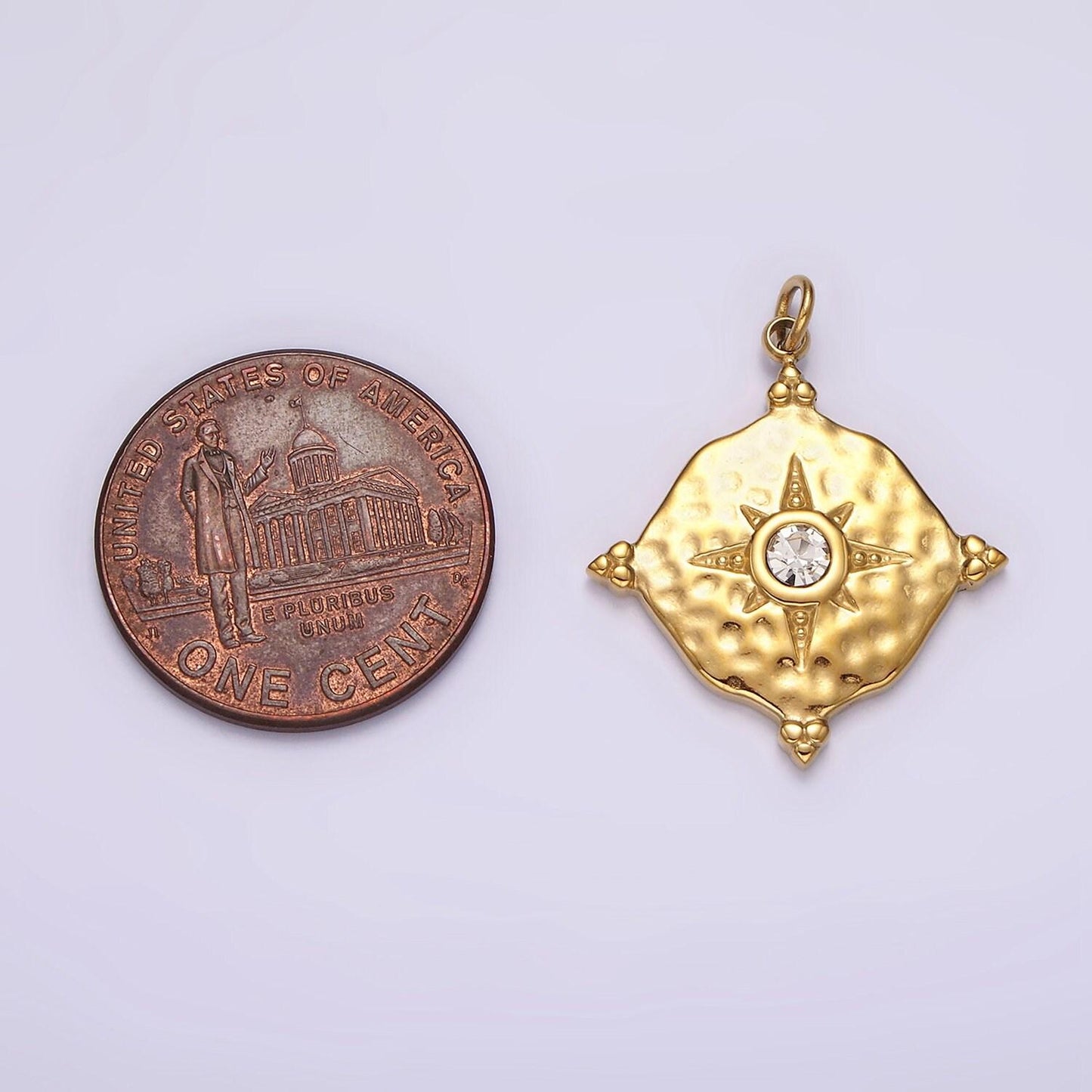 Stainless steel clear cz celestial north star hammered round point charm in gold & silver | p1295