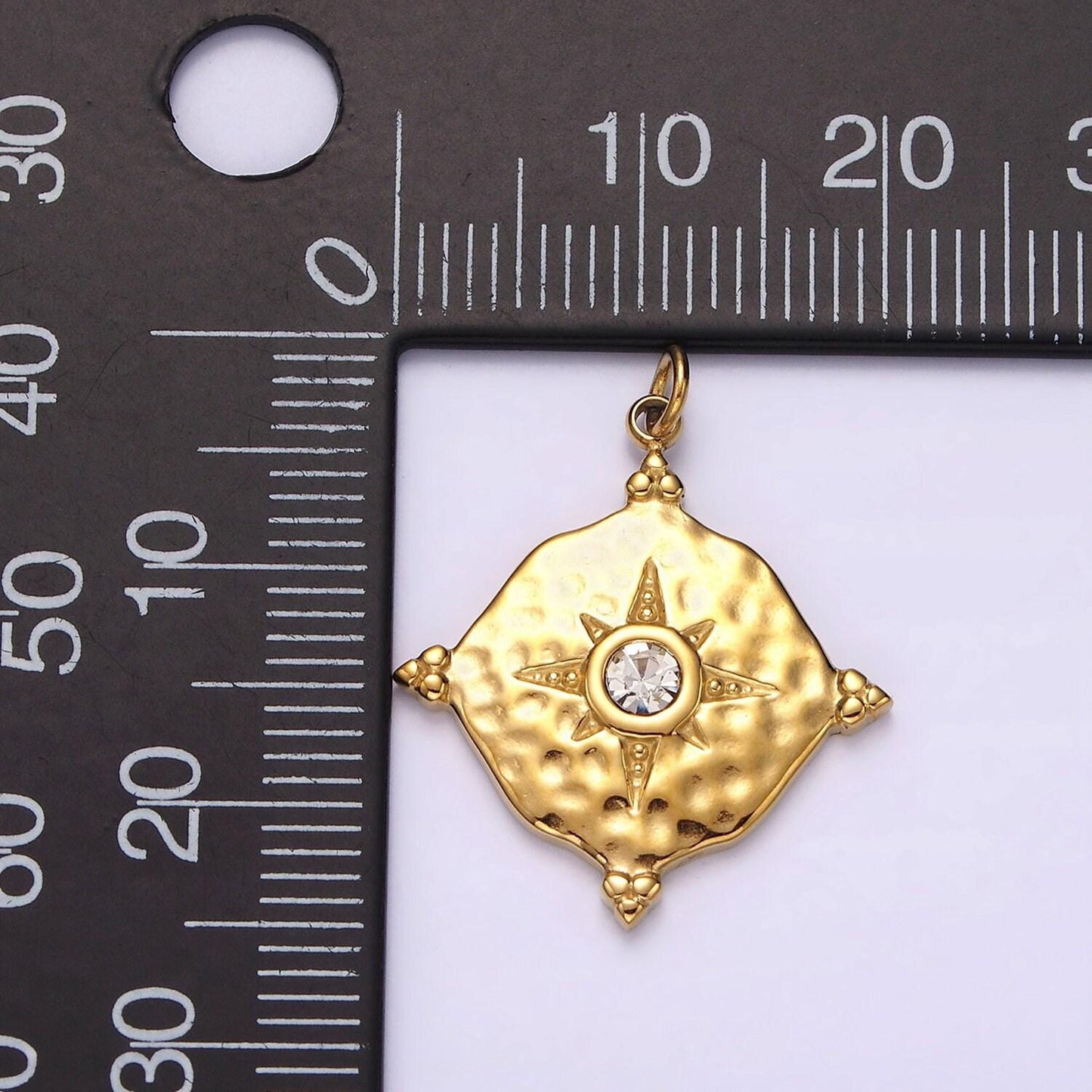 Stainless steel clear cz celestial north star hammered round point charm in gold & silver | p1295