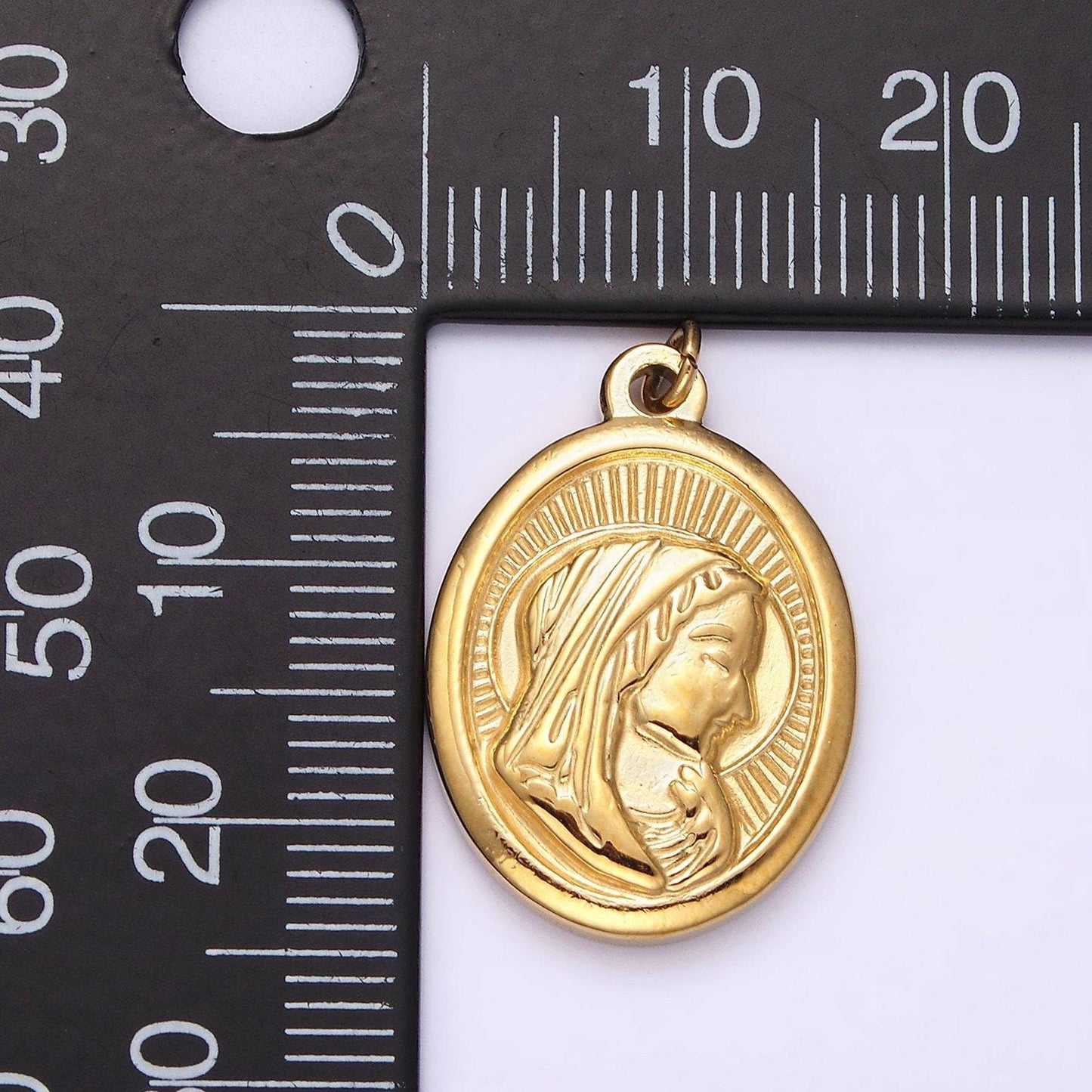 Stainless steel mother mary lady guadalupe portrait sun ray oval charm in gold & silver | p1291