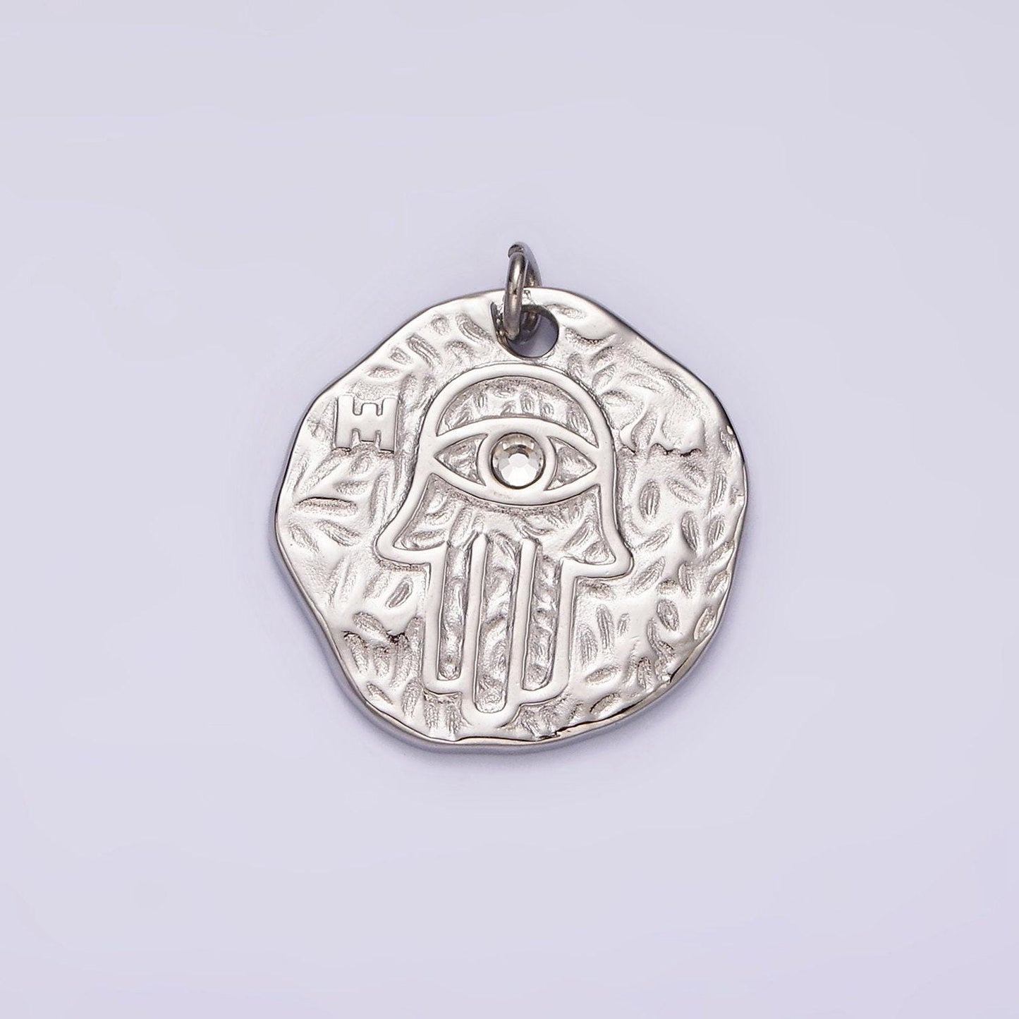 Stainless steel clear cz evil eye hamsa hand dented abstract round charm in gold & silver | p1288
