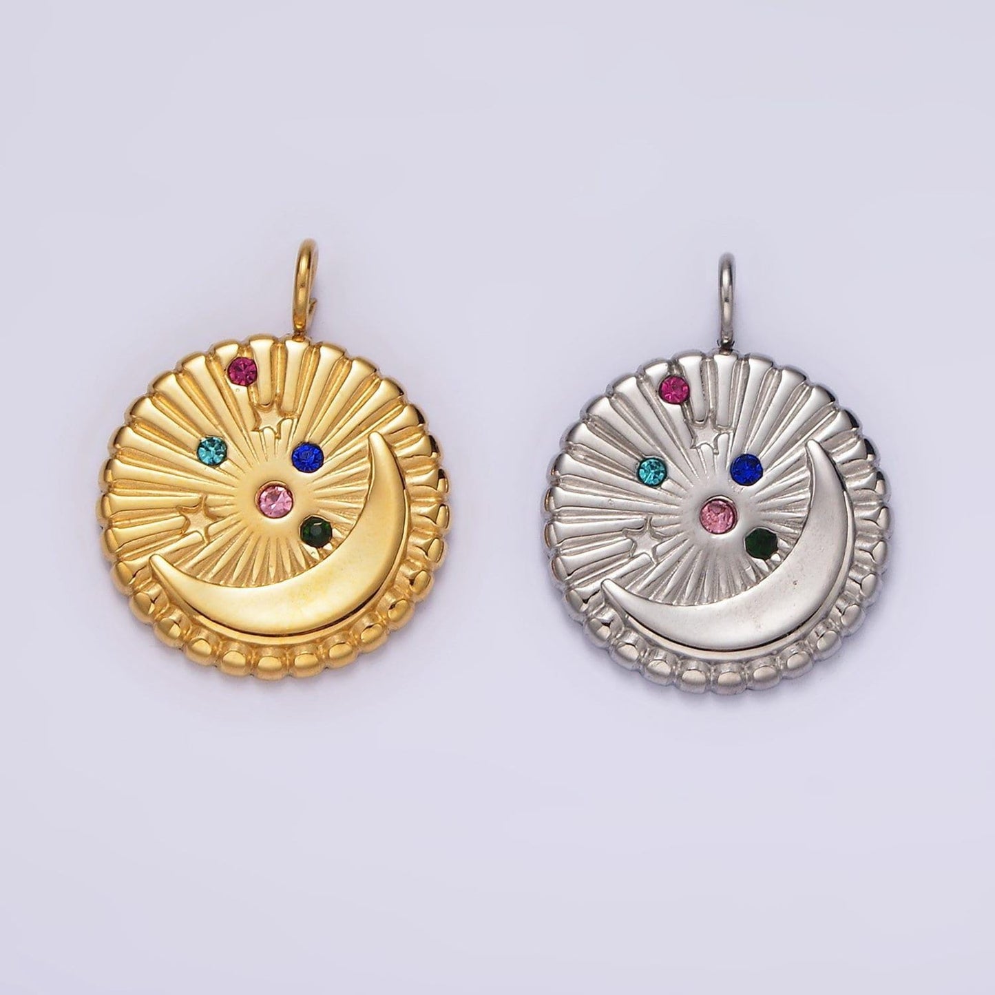 Stainless steel multicolor cz celestial crescent moon star sunburst round charm in gold & silver | p1280