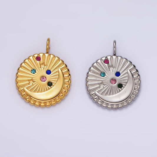 Stainless steel multicolor cz celestial crescent moon star sunburst round charm in gold & silver | p1280
