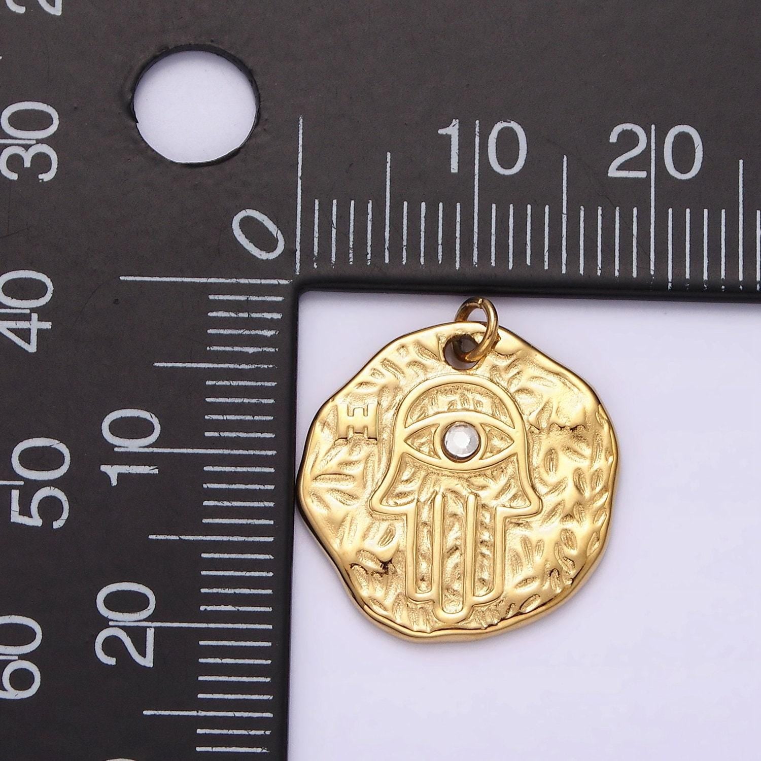 Stainless steel clear cz evil eye hamsa hand dented abstract round charm in gold & silver | p1288
