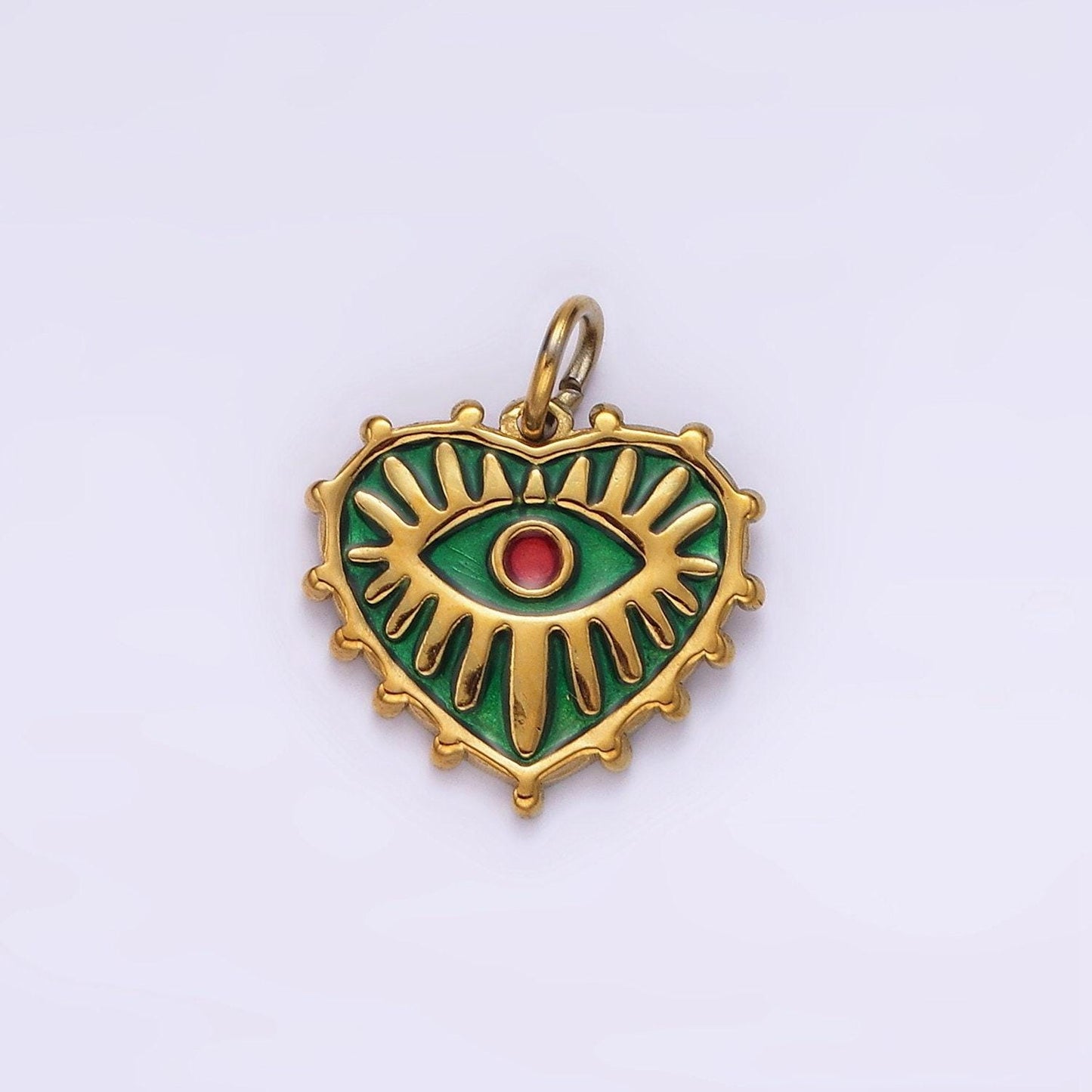 Stainless steel red evil eye splatter heart dotted outline charm in gold & silver | p1277