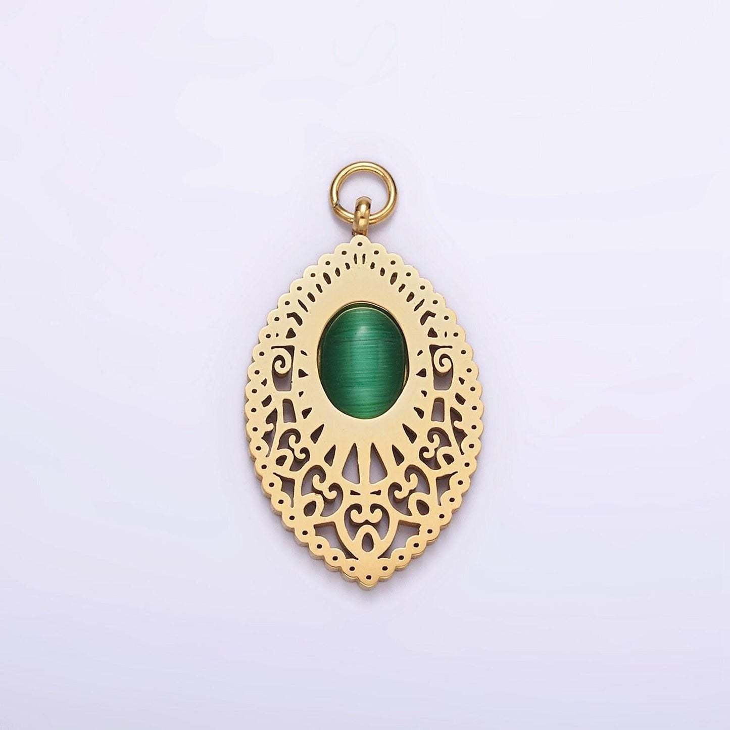 Stainless steel green cat's eye artisan oval sphere charm in gold & silver | p1271