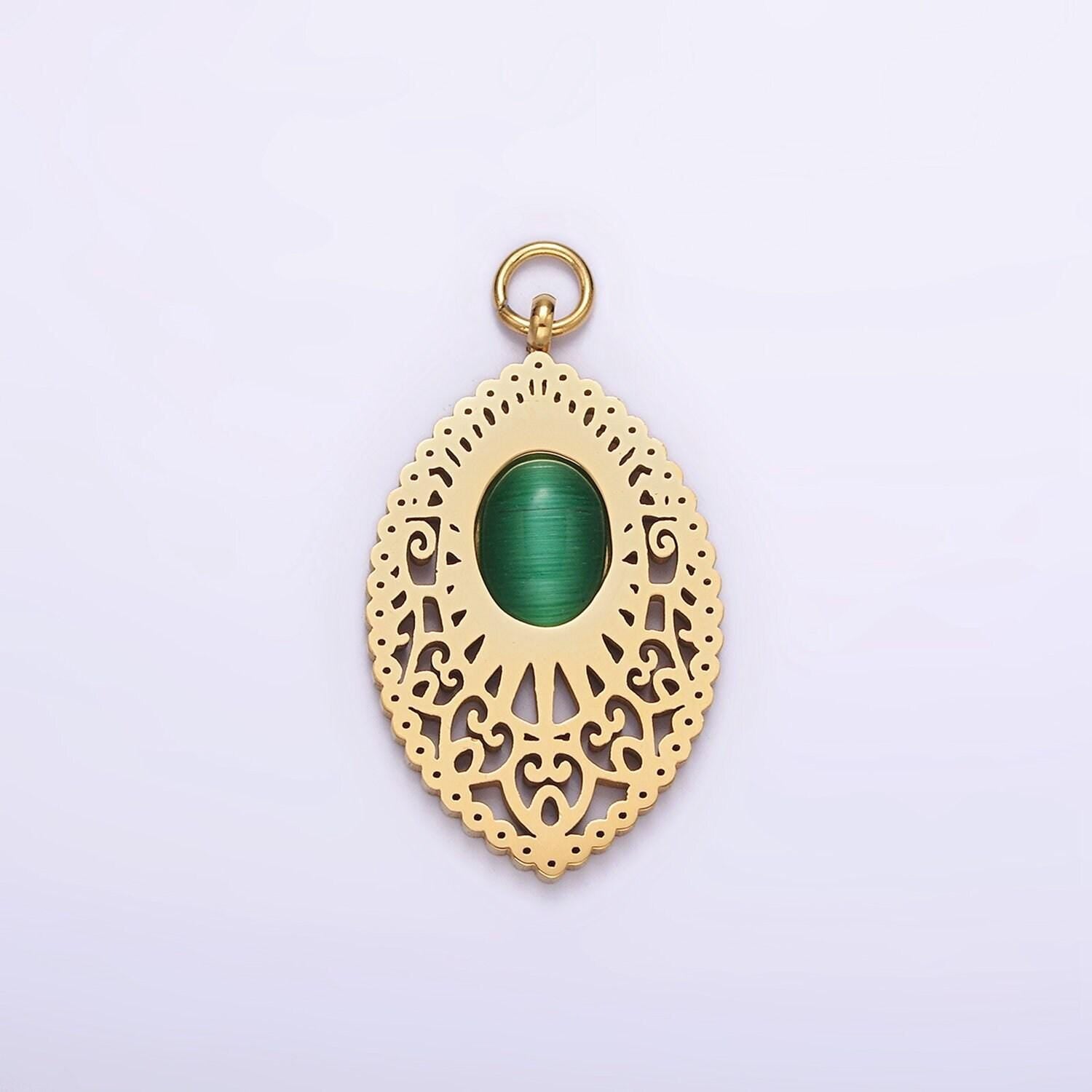 Stainless steel green cat's eye artisan oval sphere charm in gold & silver | p1271