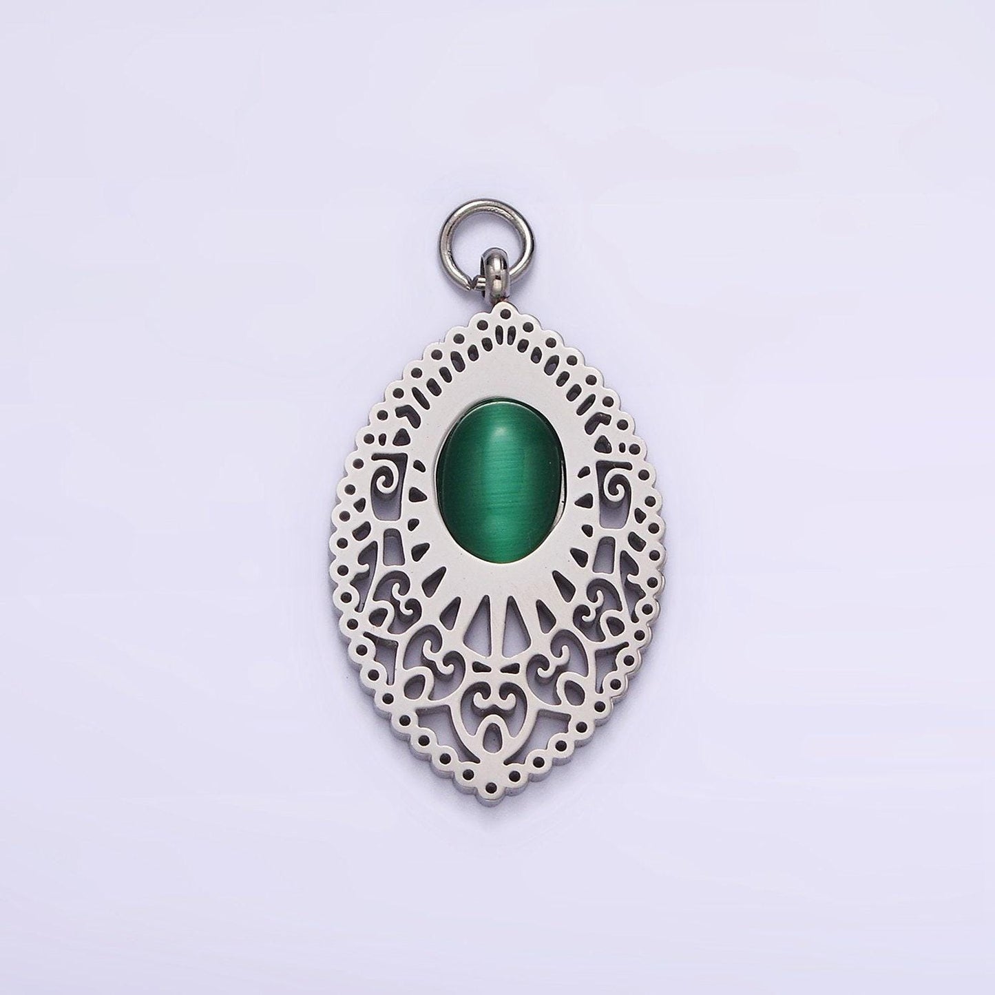 Stainless steel green cat's eye artisan oval sphere charm in gold & silver | p1271