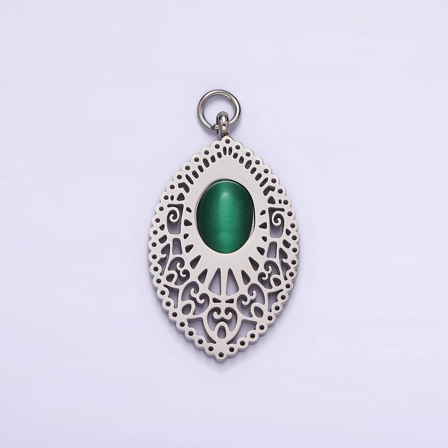 Stainless steel green cat's eye artisan oval sphere charm in gold & silver | p1271