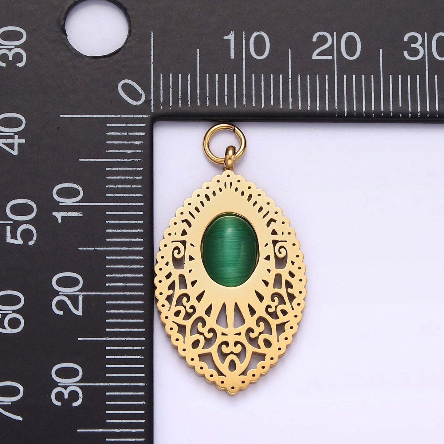 Stainless steel green cat's eye artisan oval sphere charm in gold & silver | p1271