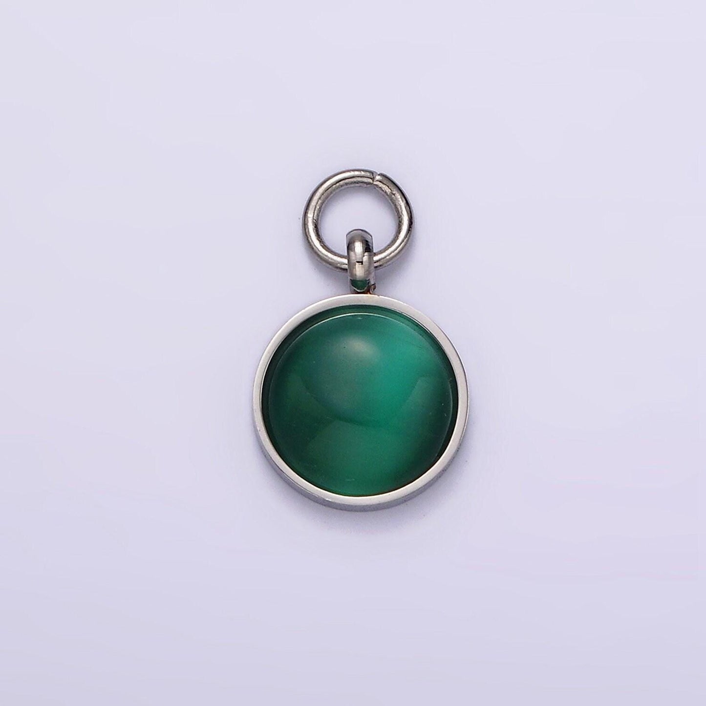Stainless steel green malachite round gemstone charm in gold & silver | p1265