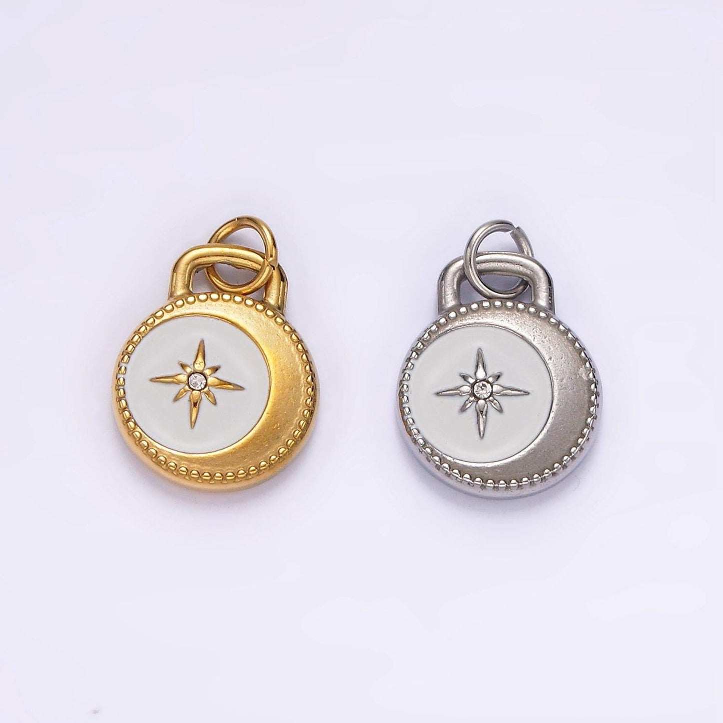 Stainless steel celestial crescent moon star cz white enamel round charm in gold & silver | p1260
