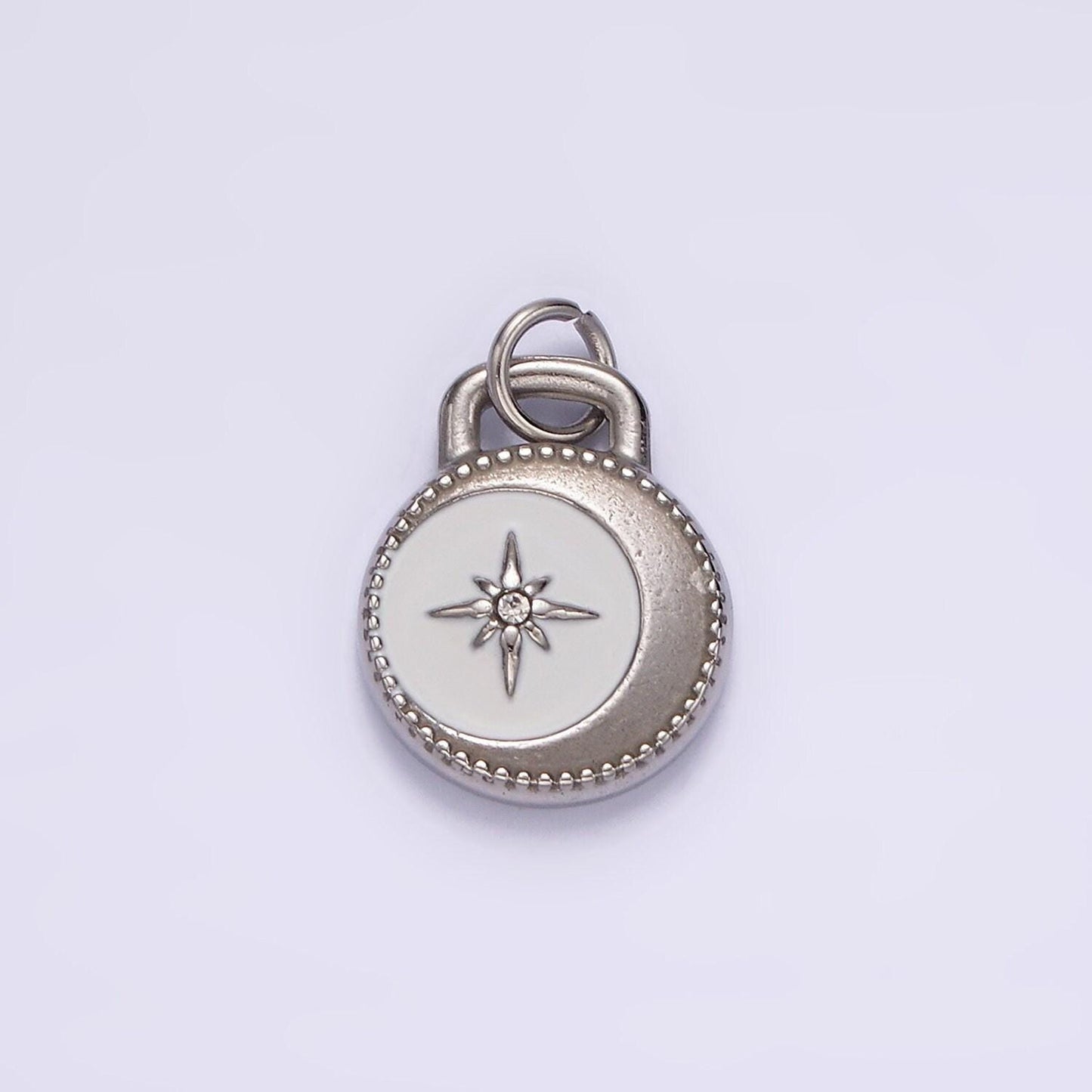 Stainless steel celestial crescent moon star cz white enamel round charm in gold & silver | p1260