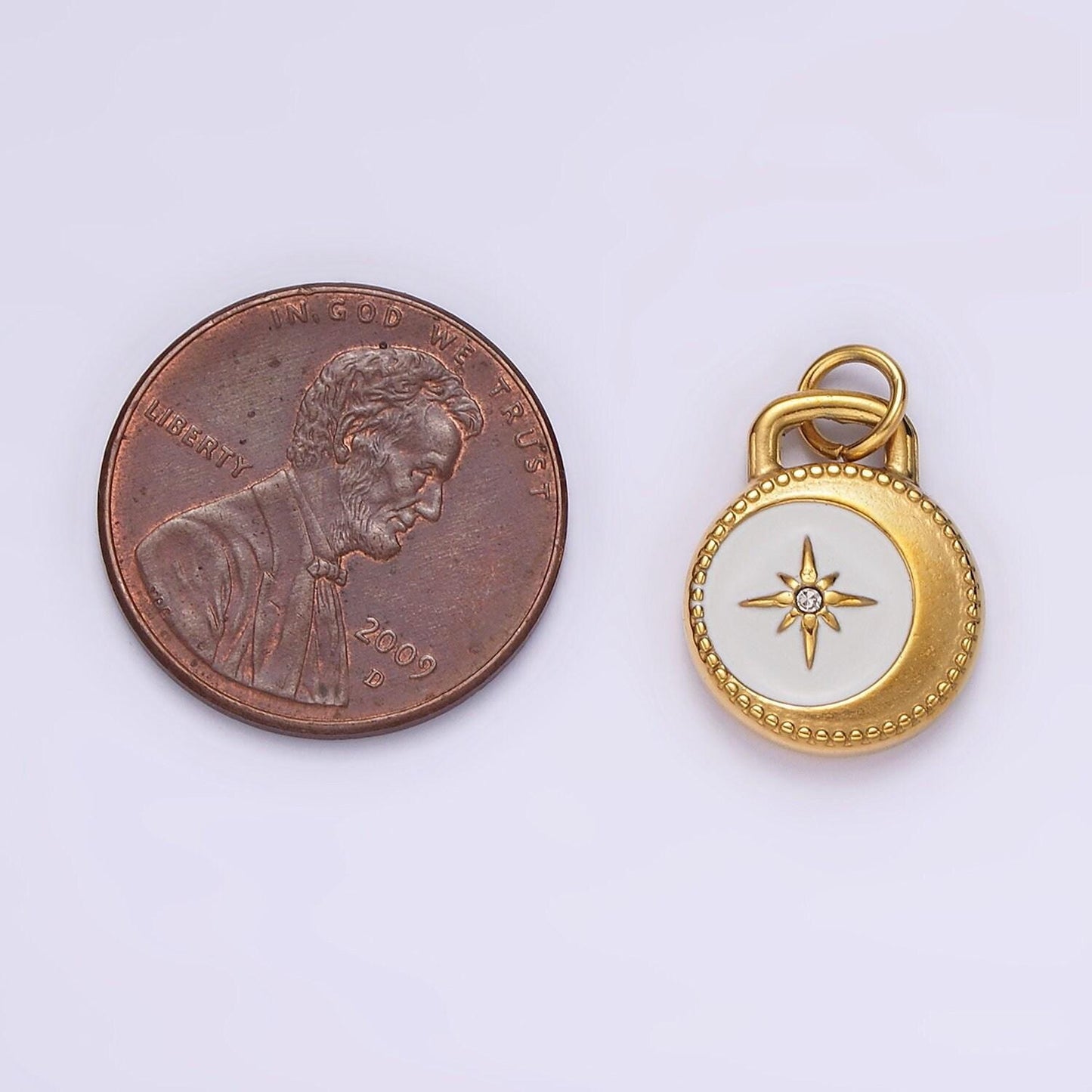 Stainless steel celestial crescent moon star cz white enamel round charm in gold & silver | p1260