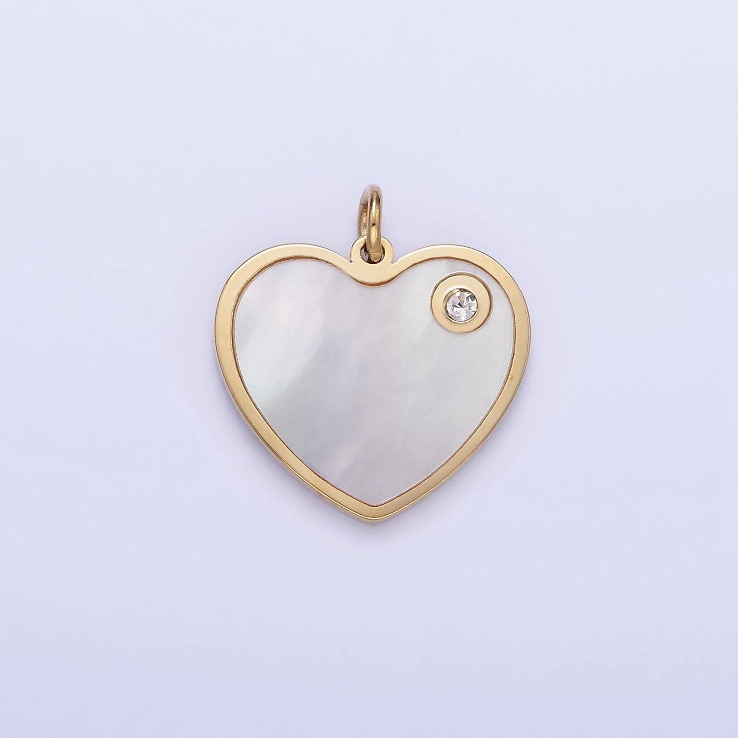 Dainty gold pearl heart charm stainless steel pendant with cz stone for bracelet necklace charm supply p-992