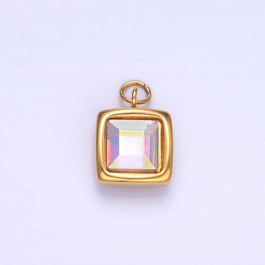 Stainless steel iridescent ab cz square bezel charm | p-983