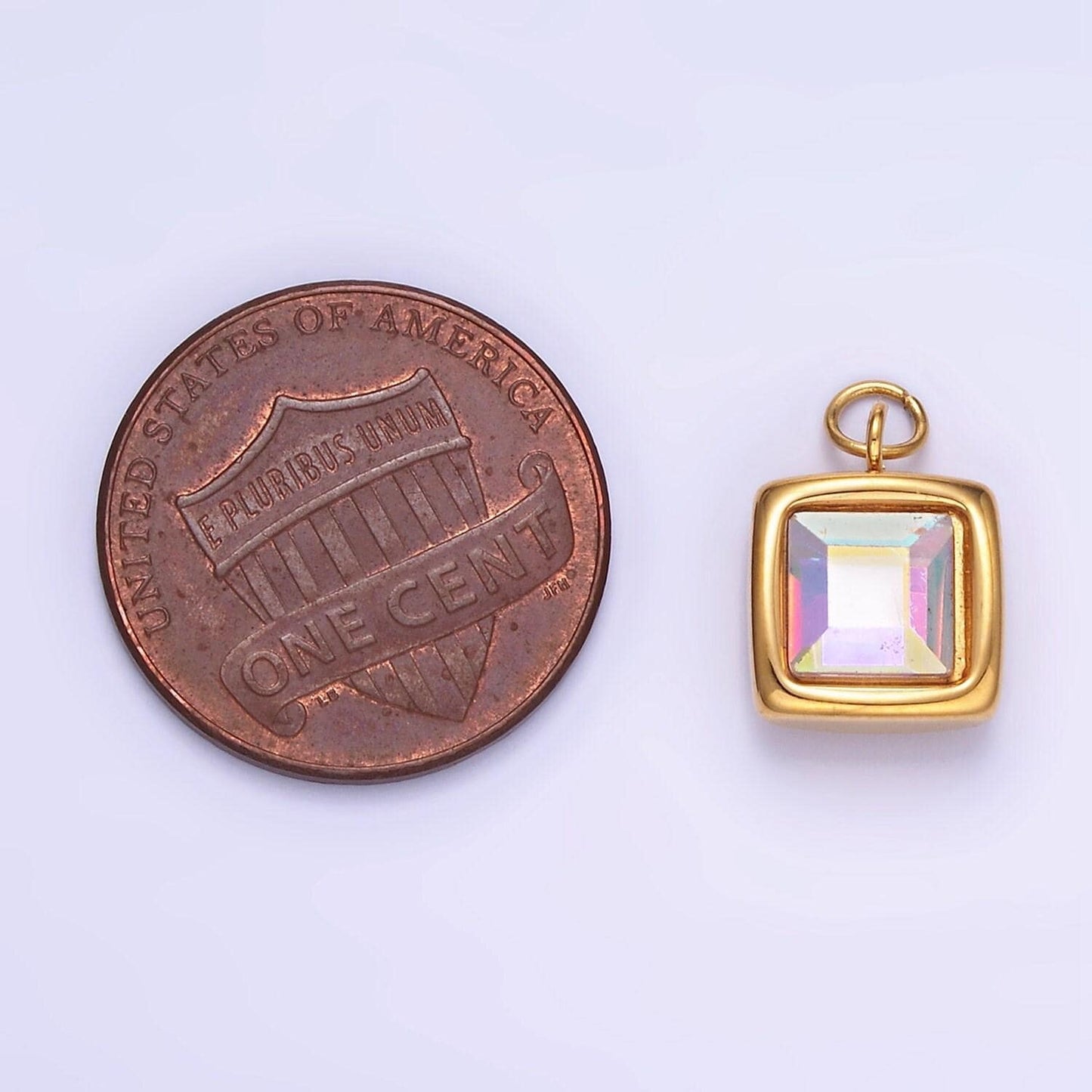 Stainless steel iridescent ab cz square bezel charm | p-983