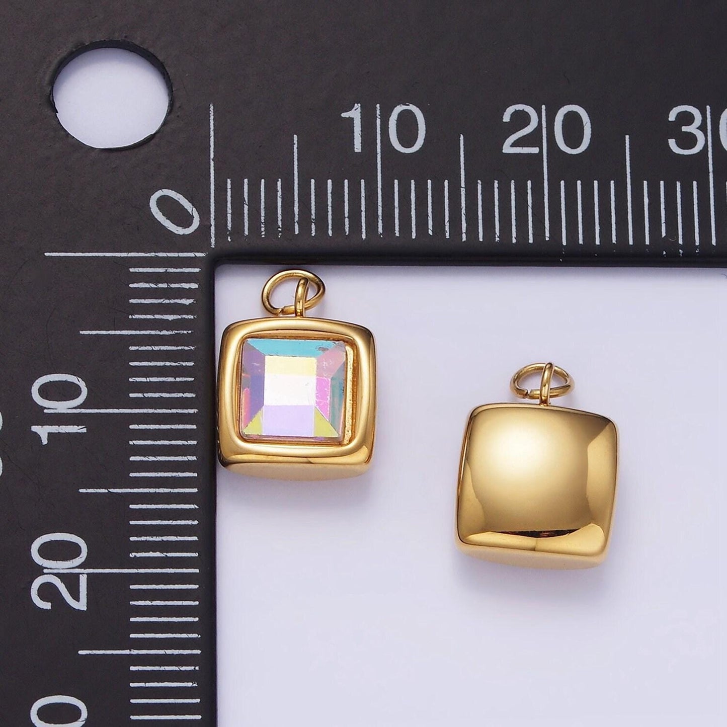 Stainless steel iridescent ab cz square bezel charm | p-983