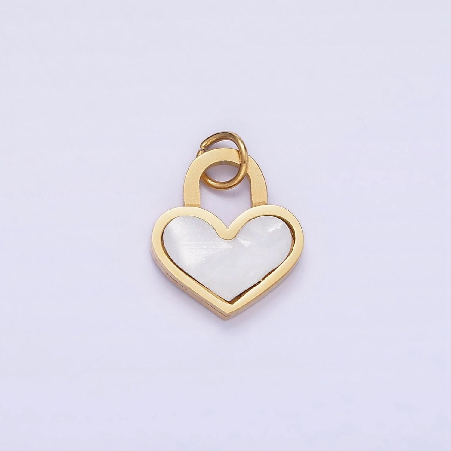 Stainless steel shell pearl heart padlock charm | p-979