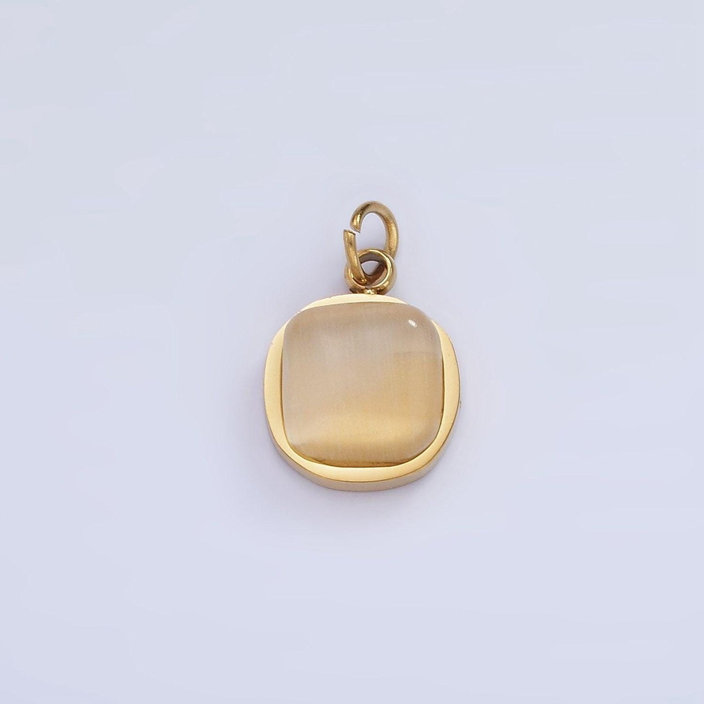 Stainless steel 9mm peach cat's eye stone square charm in gold | p-976