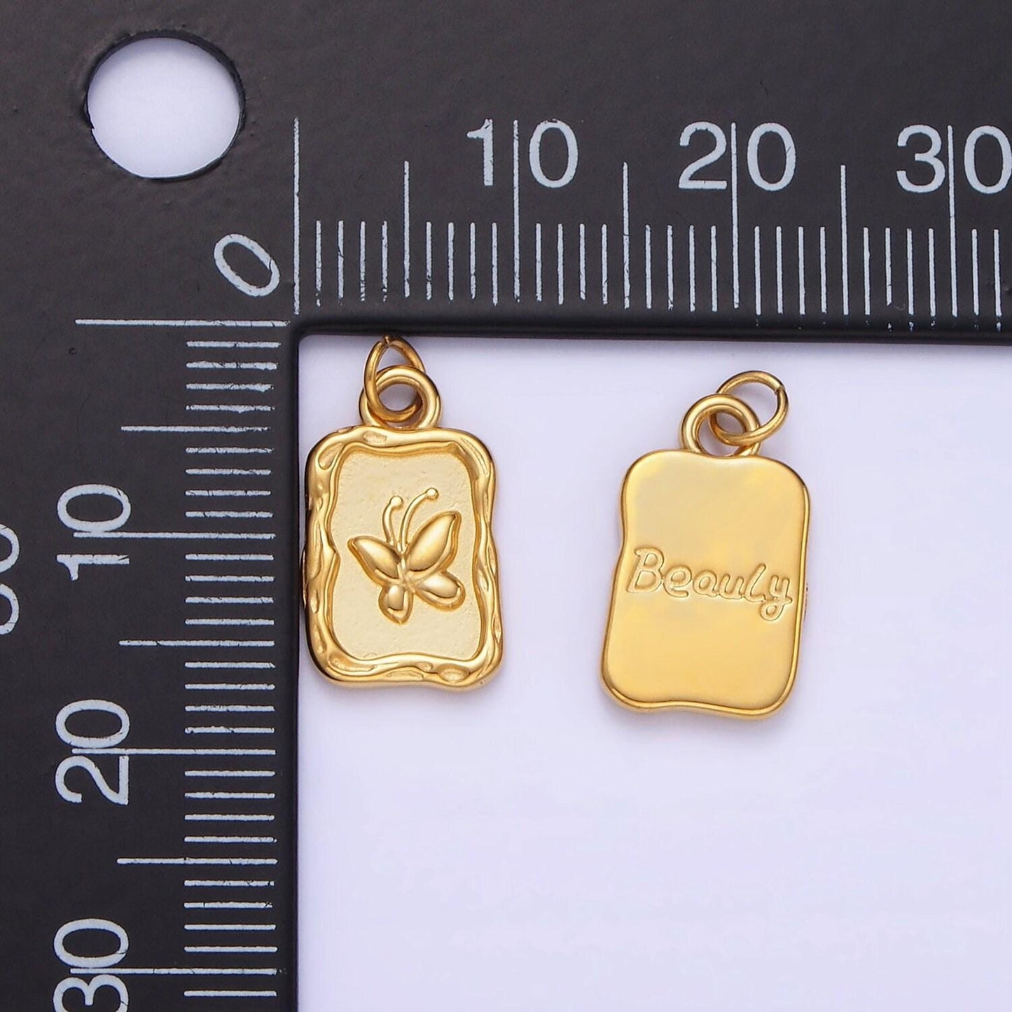 Stainless steel butterfly "beauty" script rectangular stamped charm | p964