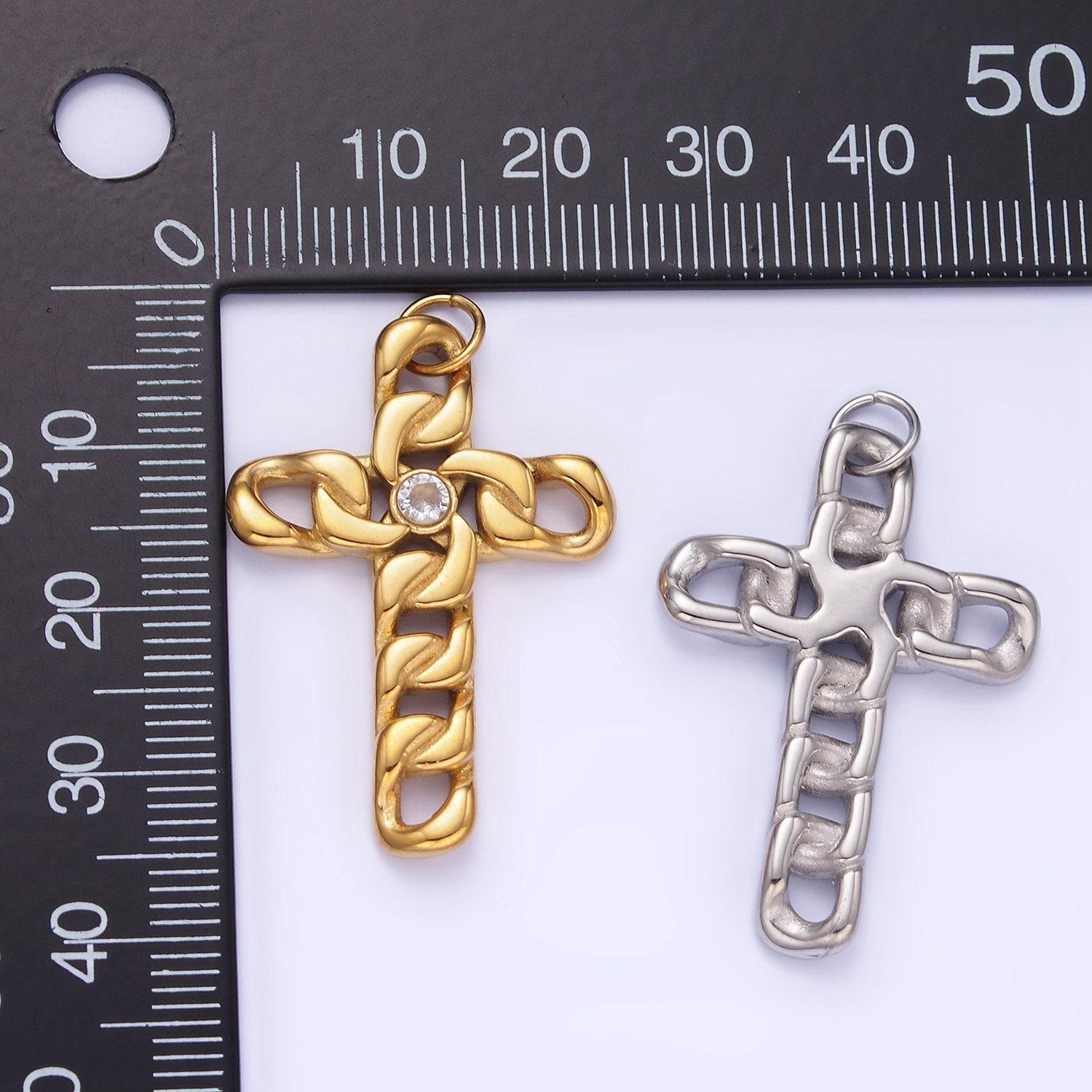 Stainless steel chain textured cz cuban cross, cholo fit | p-965