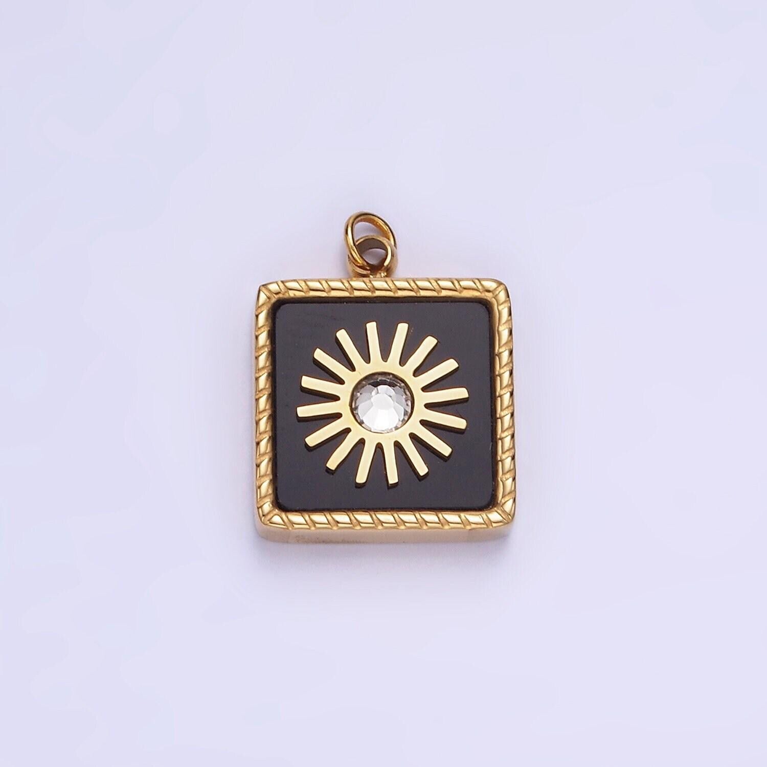 Stainless steel shell pearl cz celestial sun square charm mini gold tag charm for bracelet necklace earring component jewelry making | p947
