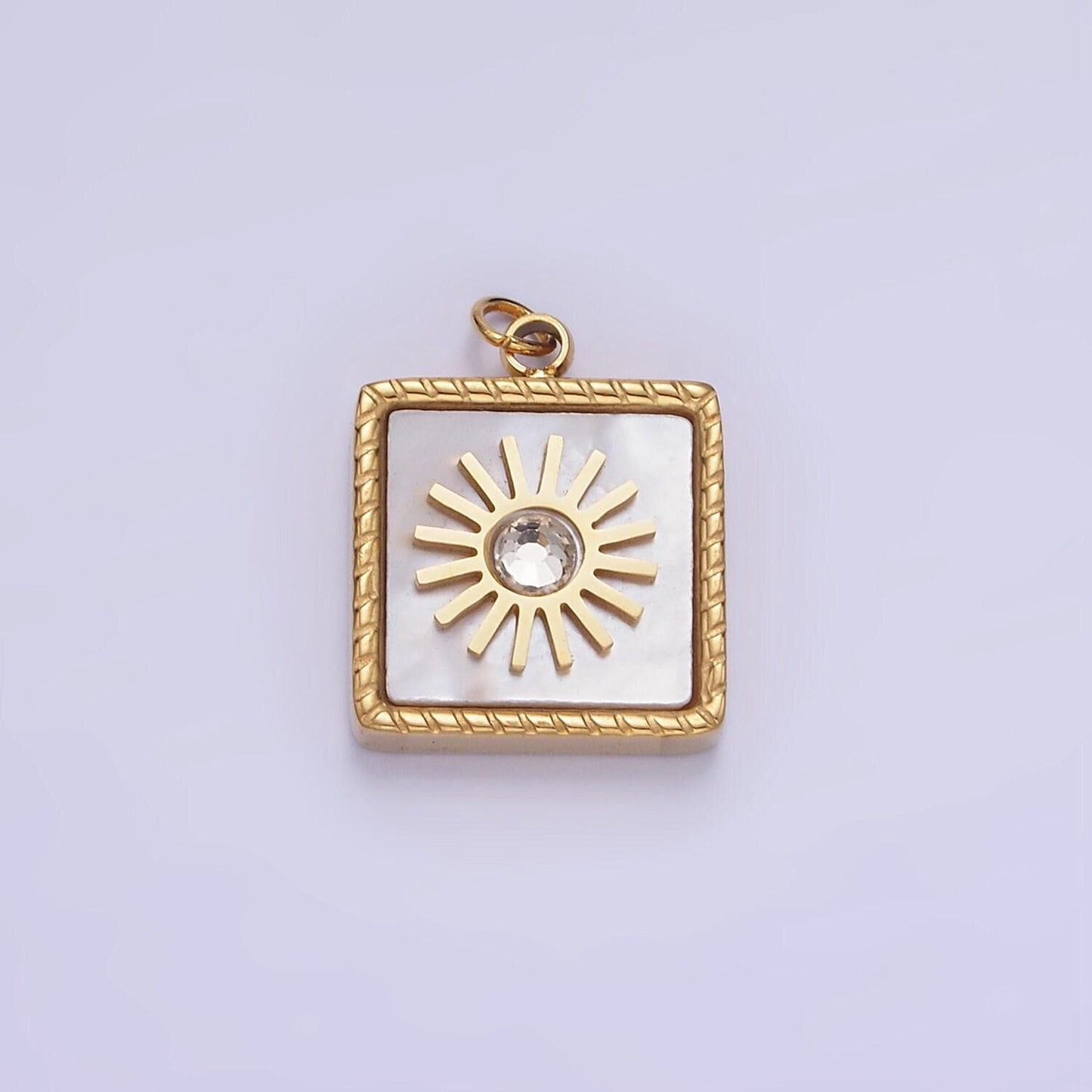 Stainless steel shell pearl cz celestial sun square charm mini gold tag charm for bracelet necklace earring component jewelry making | p947