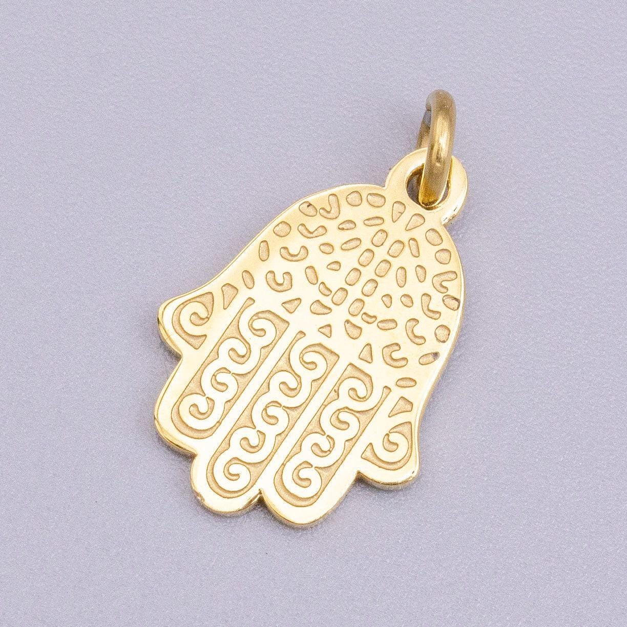 Stainless steel hamsa hand curl doodle engraved charm in gold & silver | p-917