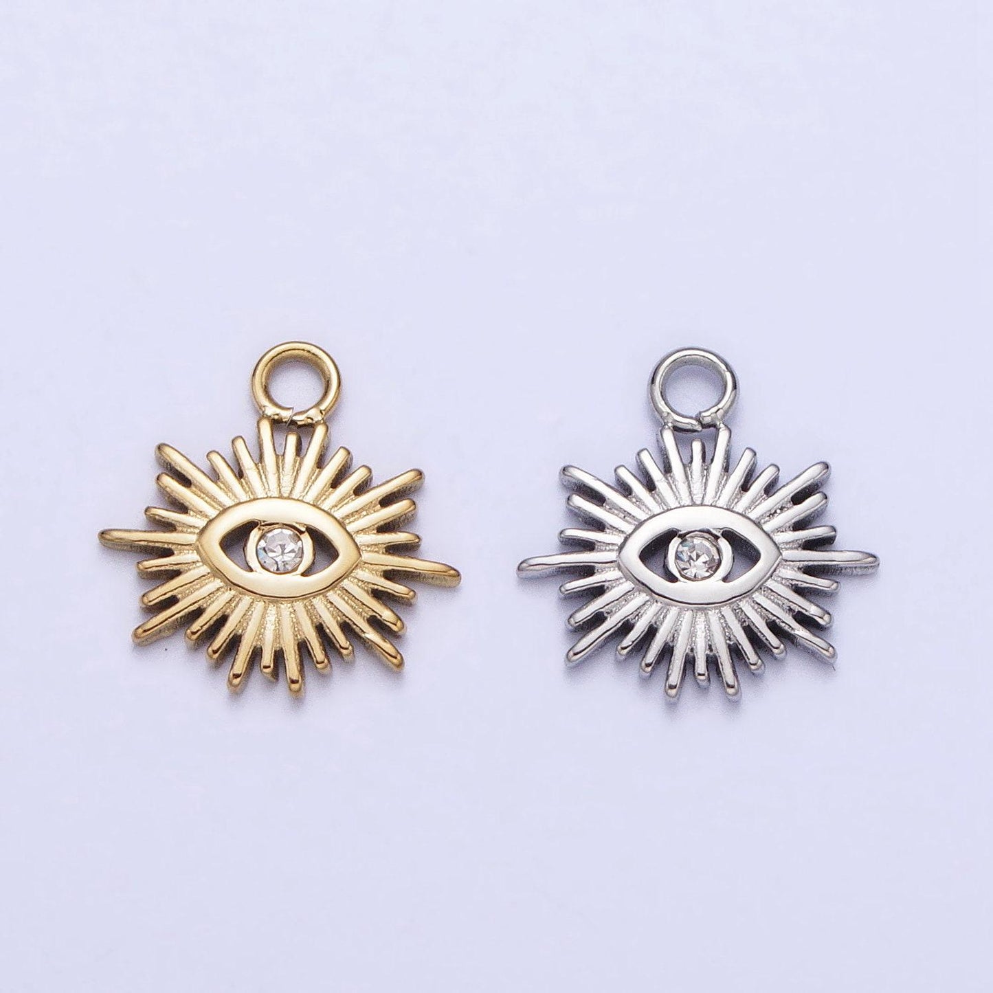 Gold sun charm, gold evil eye pendant, sun ray charm, sunburst charm, stainless steel evil eye sun pendant, sunshine charm, bohemian jewelry