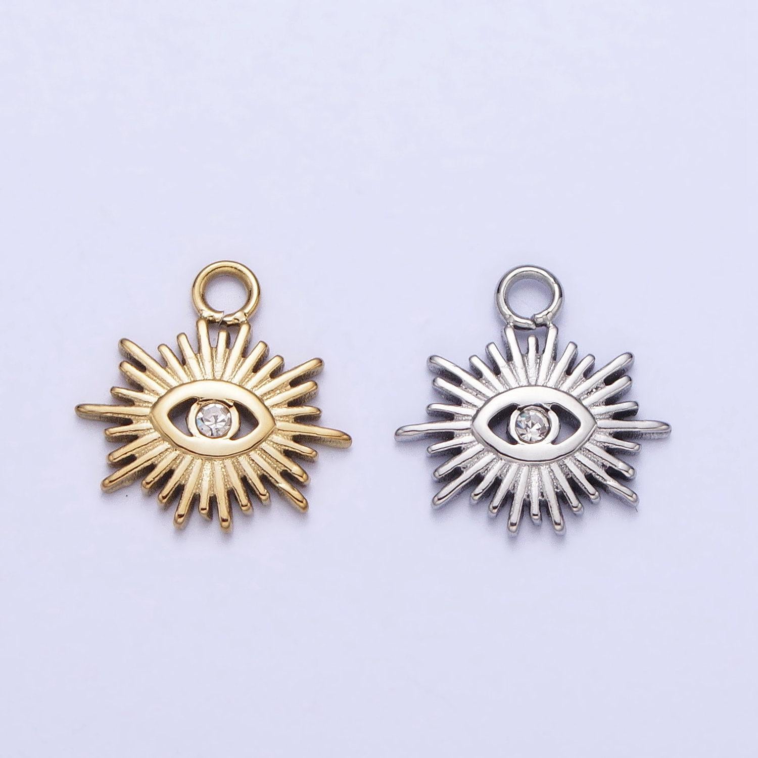 Gold sun charm, gold evil eye pendant, sun ray charm, sunburst charm, stainless steel evil eye sun pendant, sunshine charm, bohemian jewelry