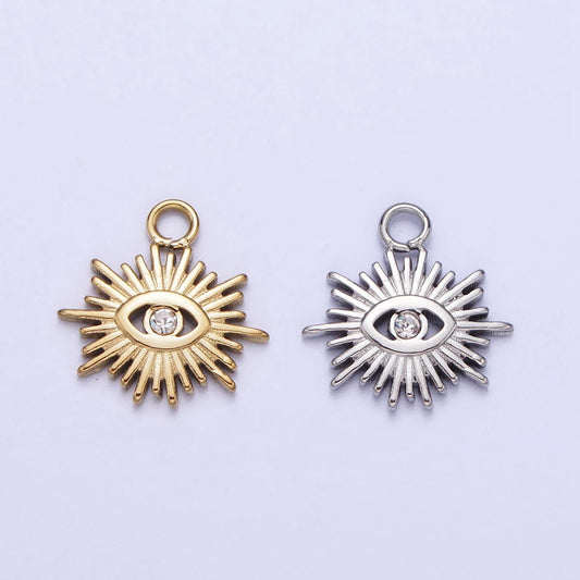 Gold sun charm, gold evil eye pendant, sun ray charm, sunburst charm, stainless steel evil eye sun pendant, sunshine charm, bohemian jewelry