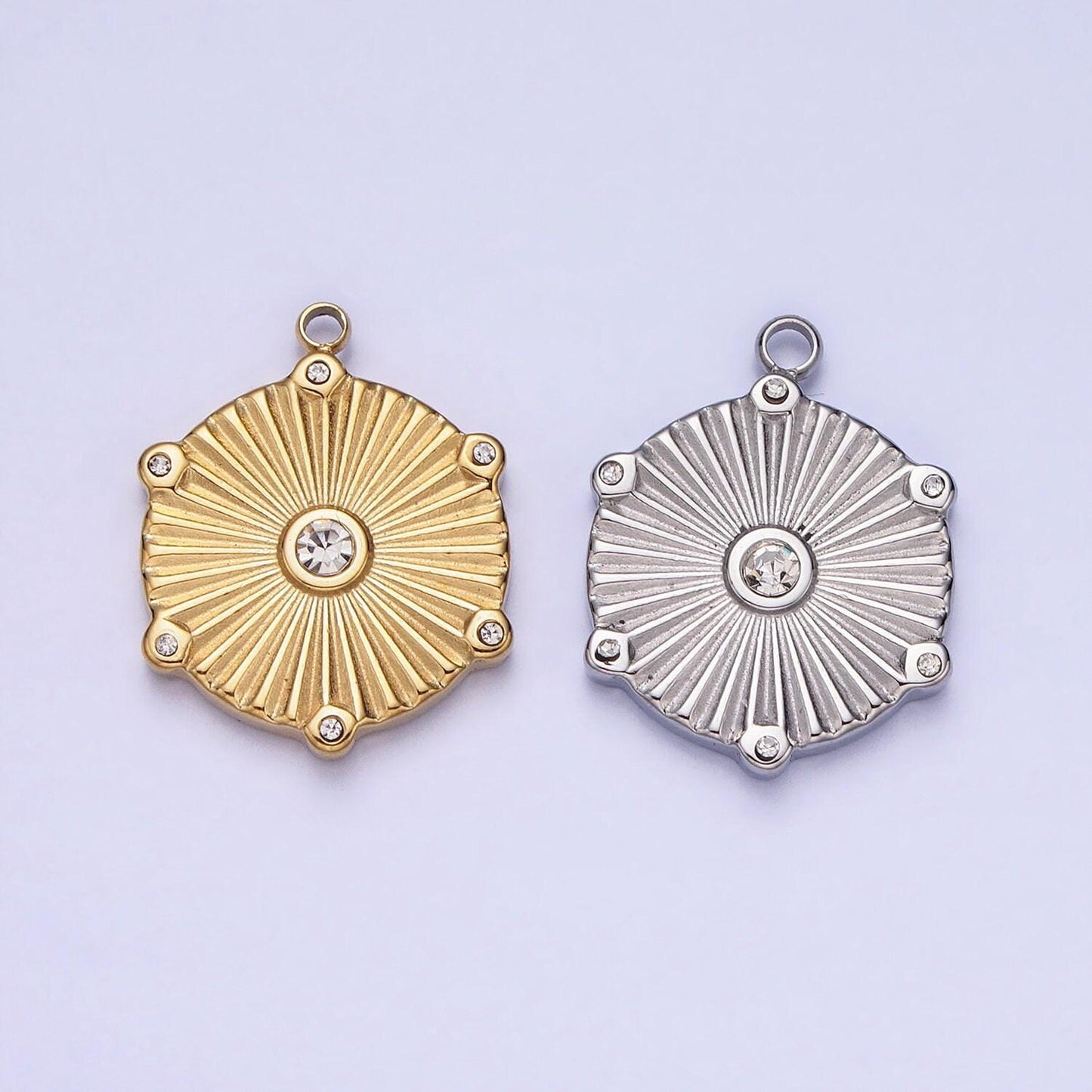 Dainty cz stainless steel sunburst charm in gold & silver medallion sun circle pendant lead nickel free tarnish free | p-886