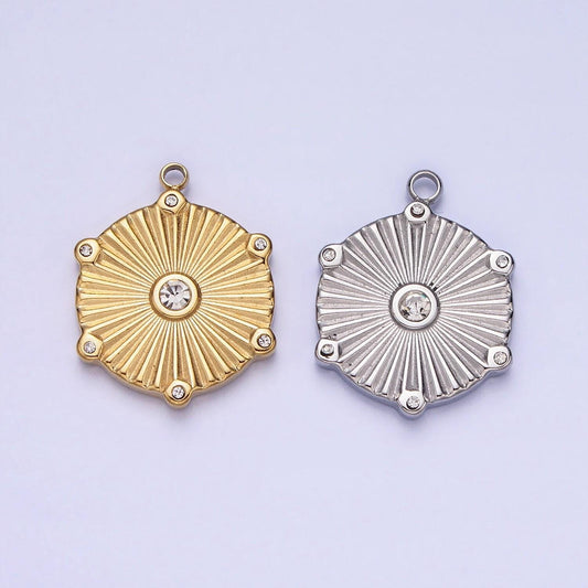 Dainty cz stainless steel sunburst charm in gold & silver medallion sun circle pendant lead nickel free tarnish free | p-886