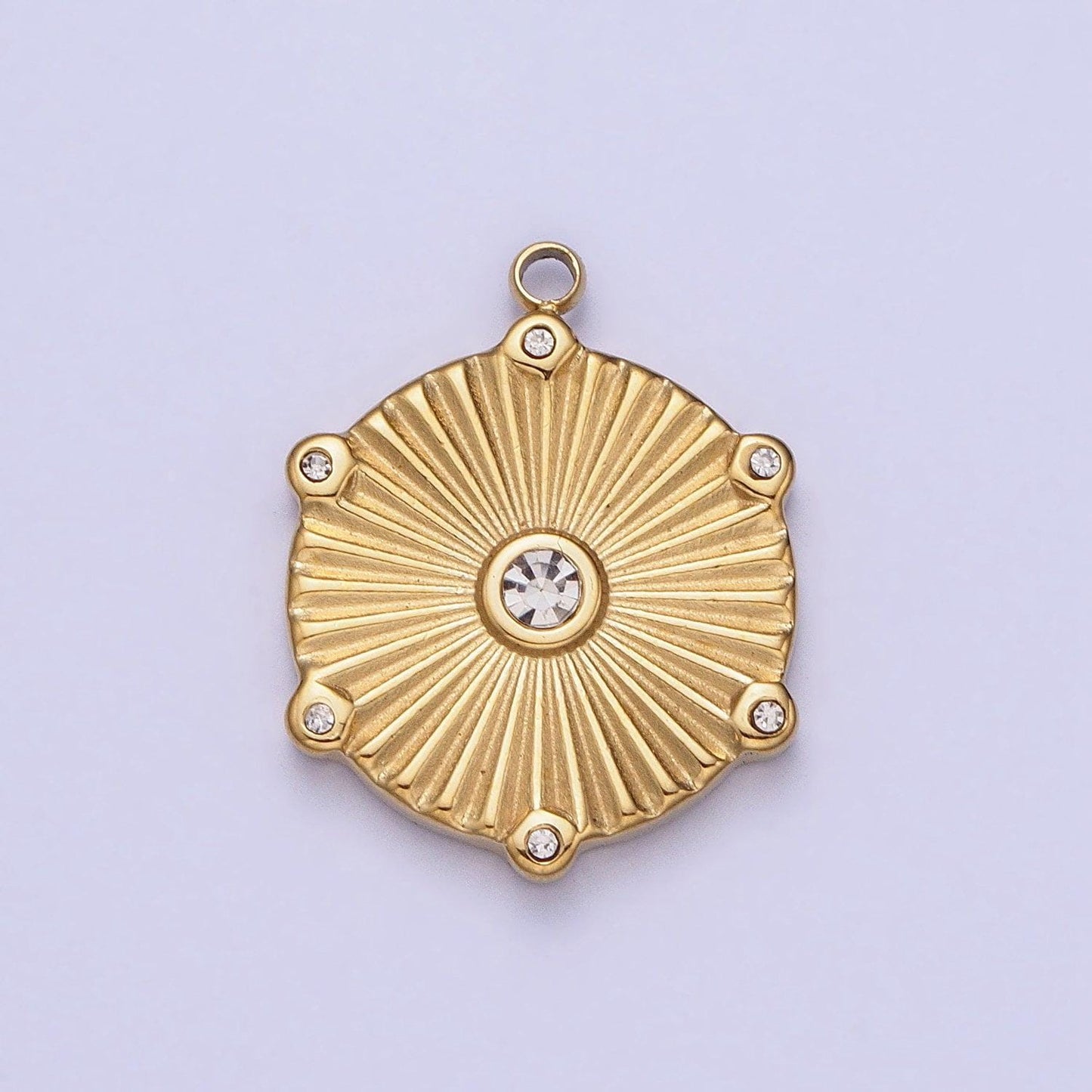 Dainty cz stainless steel sunburst charm in gold & silver medallion sun circle pendant lead nickel free tarnish free | p-886